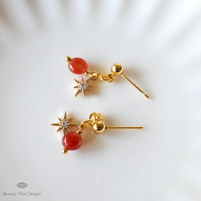 Gold Star Earrings, Minimalist Dangle Earrings, Celestial Statement Jewelry, Red Stone Dangle Earrings, Handmade Jewelry for Women