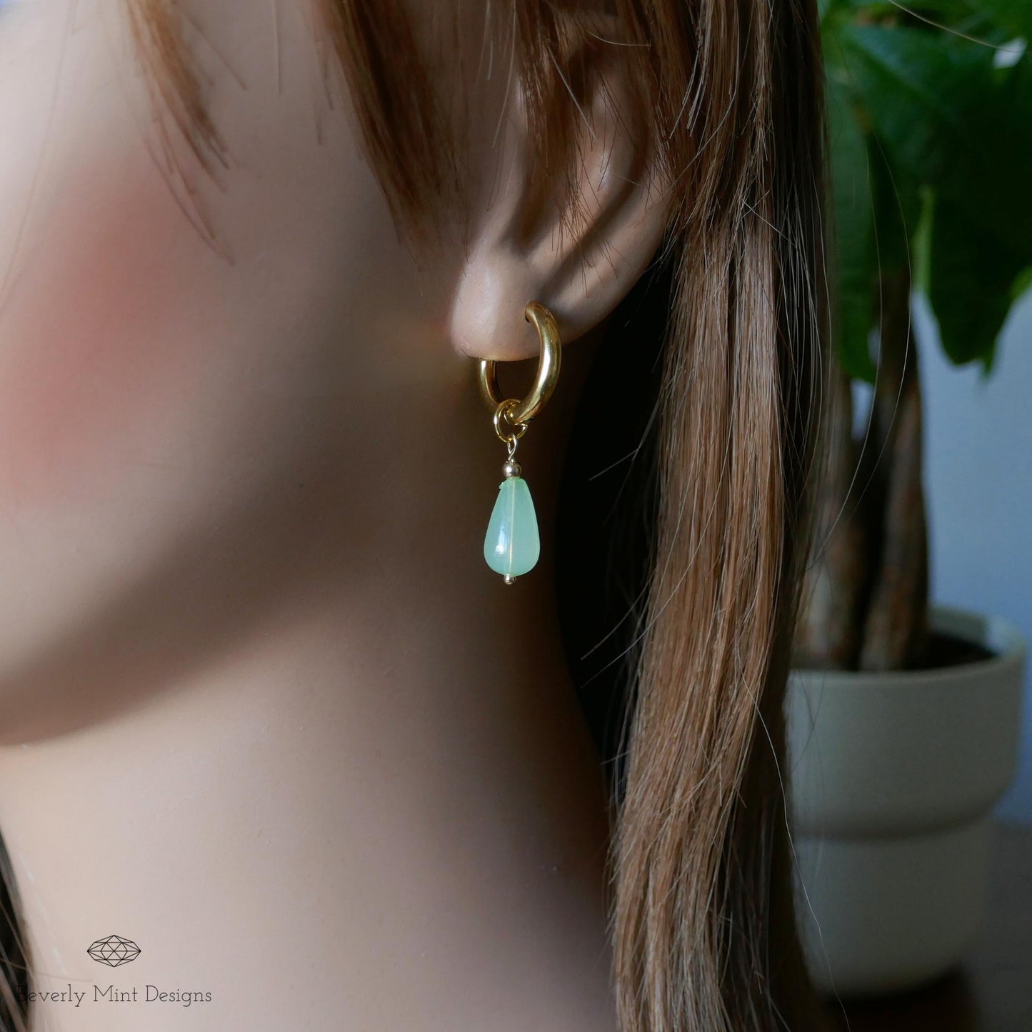 Gold Hoop Earrings with Jade Color Charm, Green Teardrop Earrings, 18K Gold and Green Drop Earrings, Mint Green Earrings, Gift For Her