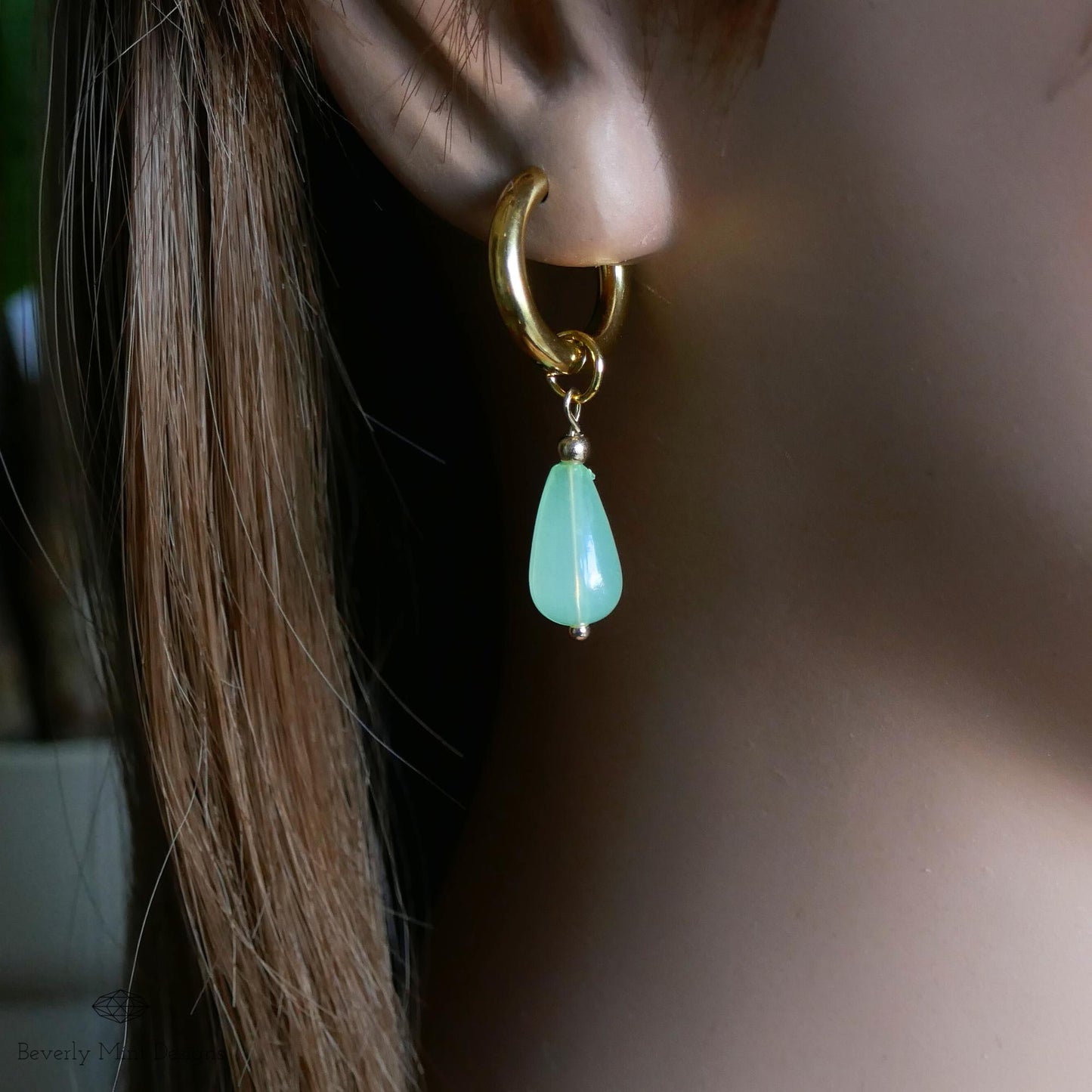 Gold Hoop Earrings with Jade Color Charm, Green Teardrop Earrings, 18K Gold and Green Drop Earrings, Mint Green Earrings, Gift For Her