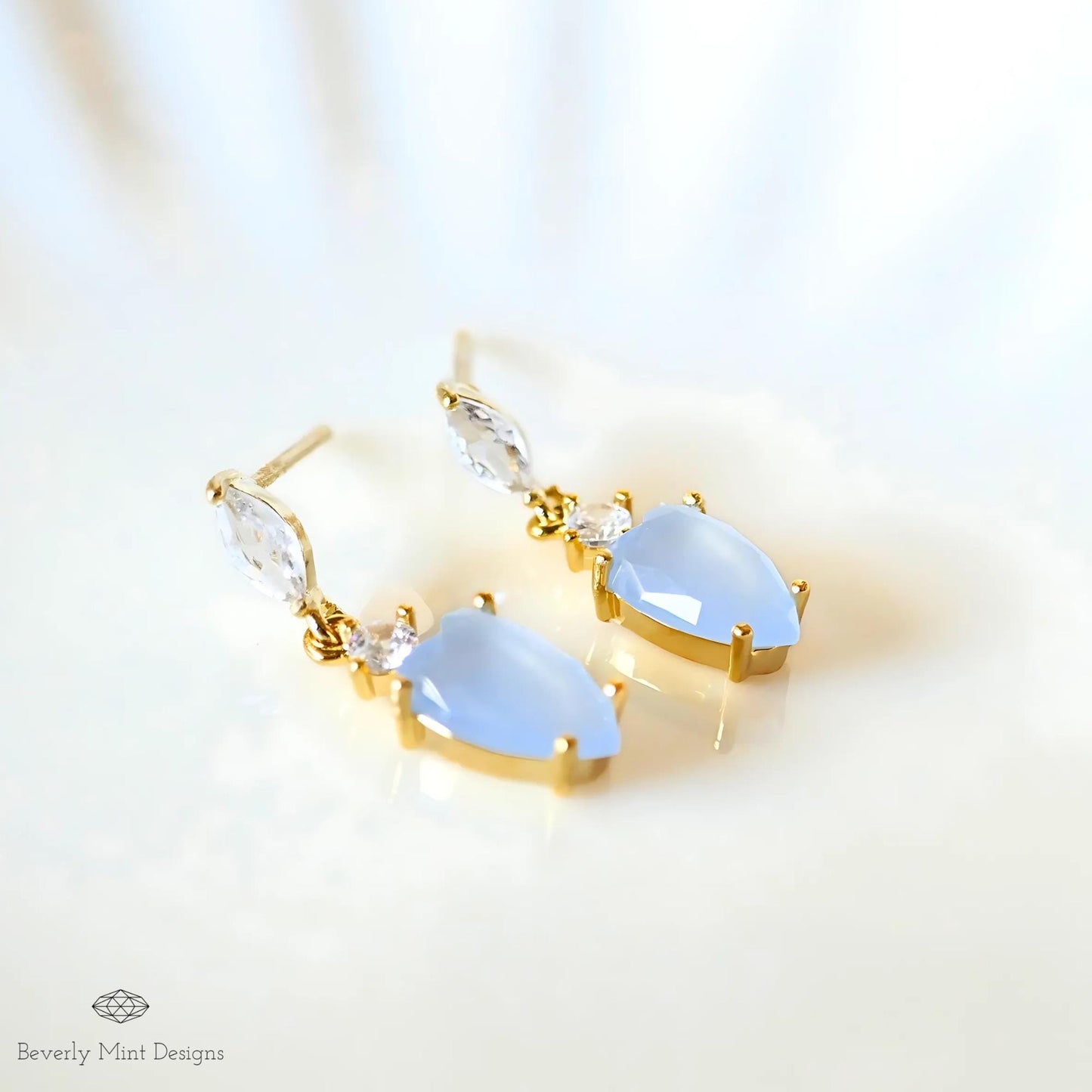 14K Gold Filled Dainty Earrings with Pale Blue Charm, Small Light Blue Teardrop Earrings, Gold Marquise Cut Crystal Earrings