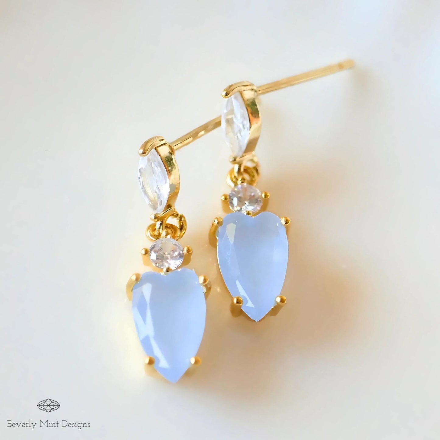 14K Gold Filled Dainty Earrings with Pale Blue Charm, Small Light Blue Teardrop Earrings, Gold Marquise Cut Crystal Earrings