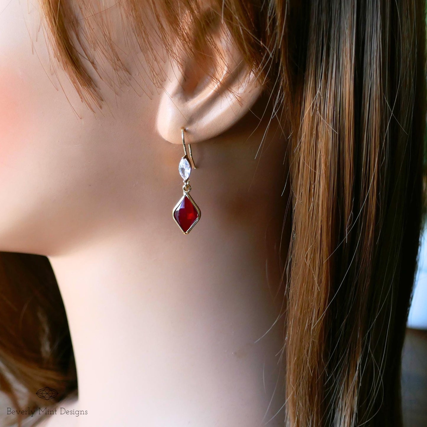 Ruby Red Earrings, Red Gemstone Cubic Zirconia Drop Earrings, Red Diamond Shaped Earrings, Elegant Faceted  Dangle Earrings, Holiday Jewelry