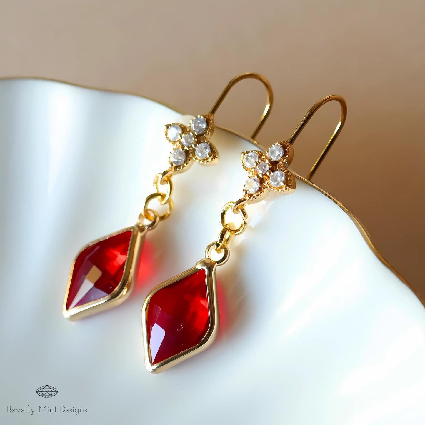 Ruby Red and Floral Crystal Dangle Earrings, Red Gemstone Cubic Zirconia Drop Earrings, Red Diamond Shaped Earrings, Elegant Dangle Earrings