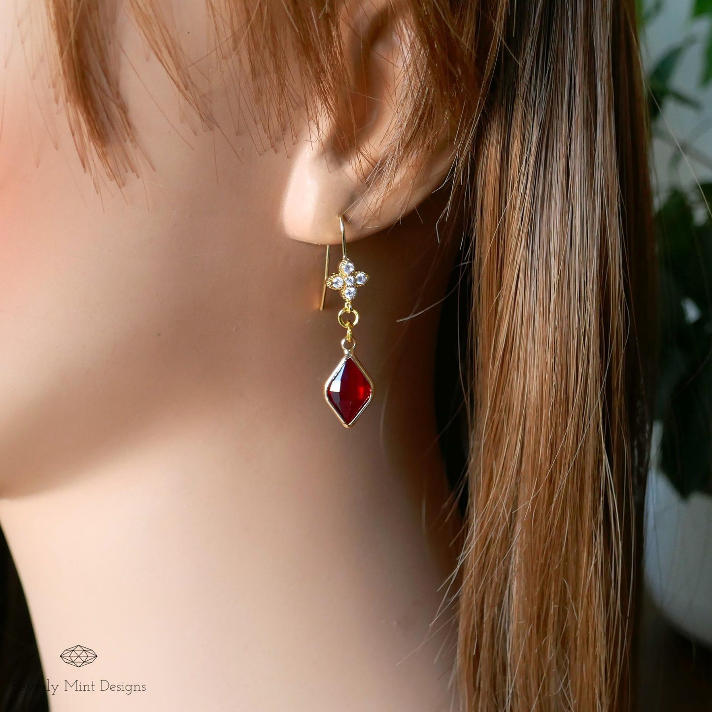 Ruby Red and Floral Crystal Dangle Earrings, Red Gemstone Cubic Zirconia Drop Earrings, Red Diamond Shaped Earrings, Elegant Dangle Earrings