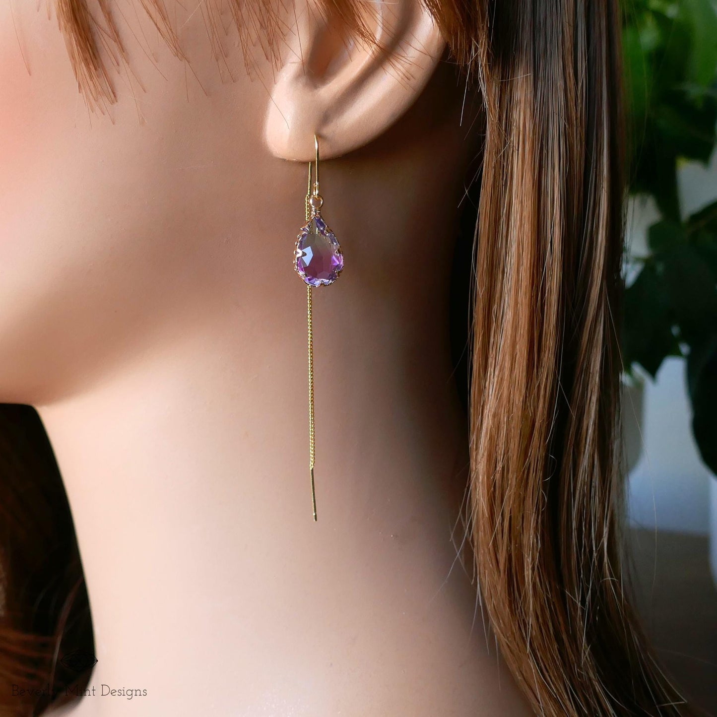 Teardrop Crystal Earrings , Purple & Blue Ombre Drop Earrings , Long Threader Earrings for Women , Handmade Boho Jewelry Gift