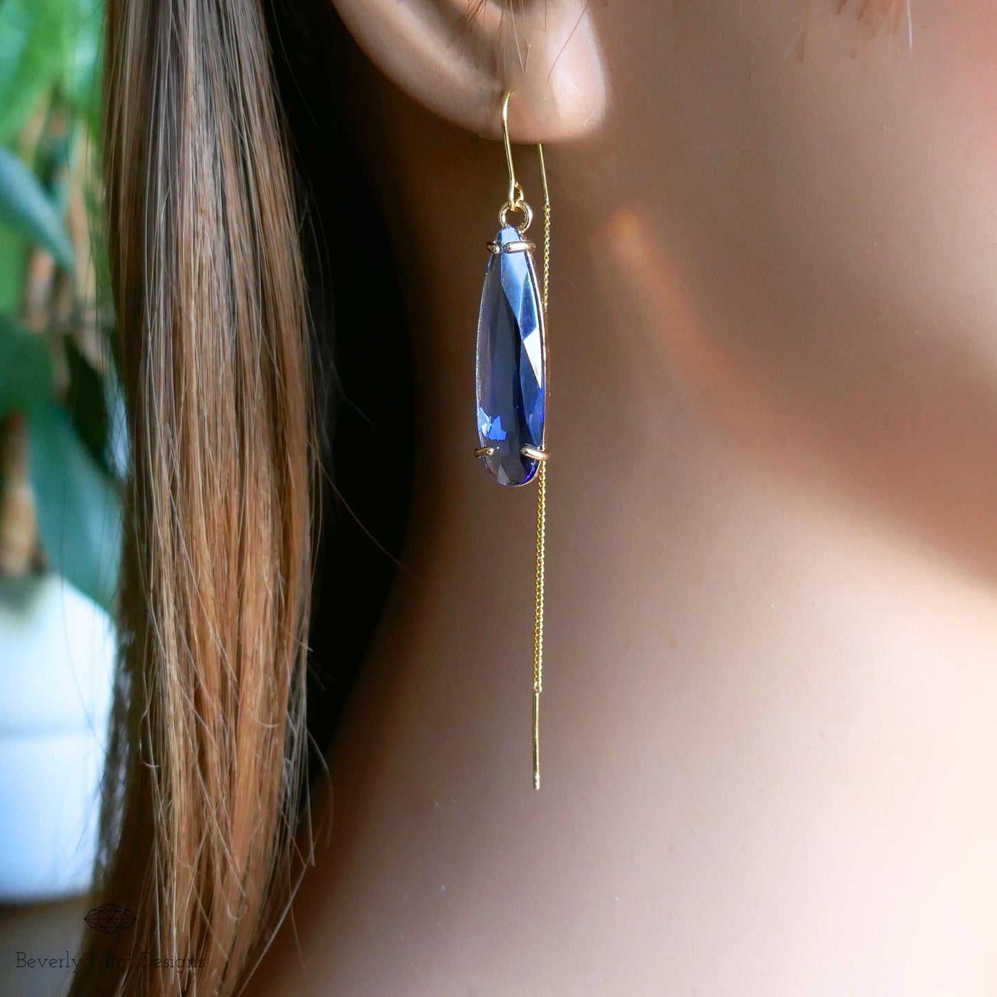 Blue Crystal Drop Threader Earrings ,Blue Statement Earrings ,Elegant Dangle Earrings for Women ,Something Blue Earrings, Handmade Jewelry