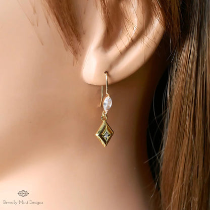 Gold Geometric Dangle Earrings with Clear Crystal Accents – Minimalist Jewelry, Modern Drop Earrings, Gift for Her, Gift For Her