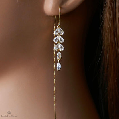 18K Gold Crystal Dainty Earrings, Leaf Threader Earrings, Zircon Earrings ,Dangle and Drop Earrings, Wedding Gift, Bridesmaids gift