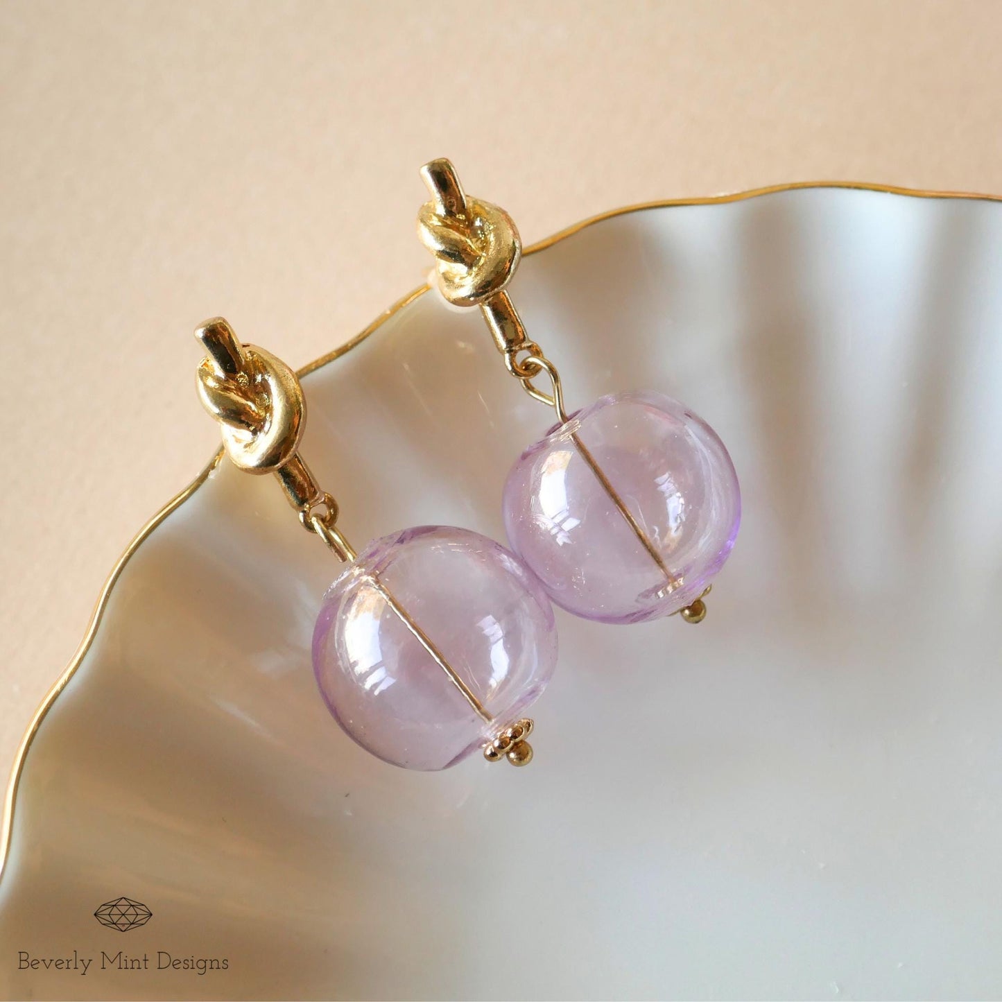 Gold Knot Stud Earrings with Lavender Glass Beads , Elegant Minimalist Drop Earrings , Dangle Earrings for Women, Gift for Her