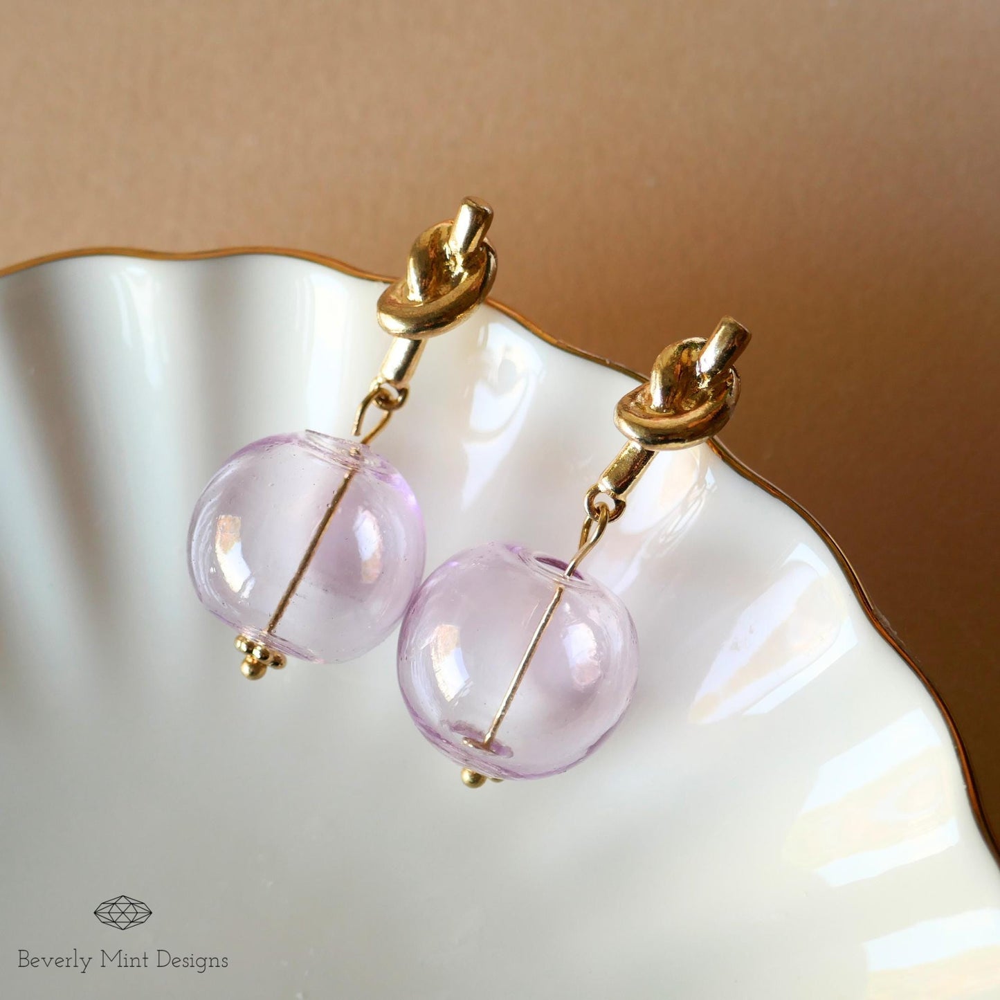 Gold Knot Stud Earrings with Lavender Glass Beads , Elegant Minimalist Drop Earrings , Dangle Earrings for Women, Gift for Her