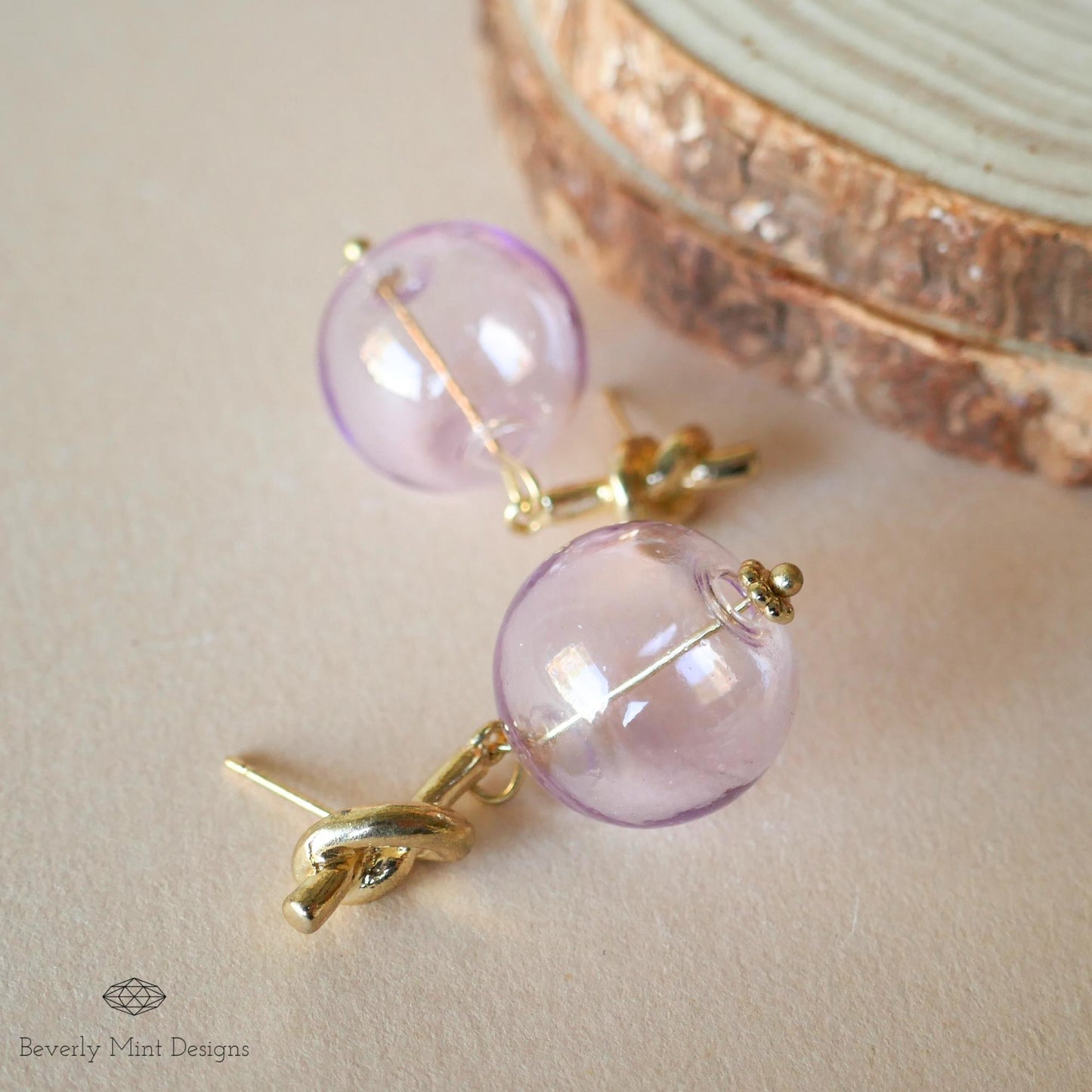 Gold Knot Stud Earrings with Lavender Glass Beads , Elegant Minimalist Drop Earrings , Dangle Earrings for Women, Gift for Her