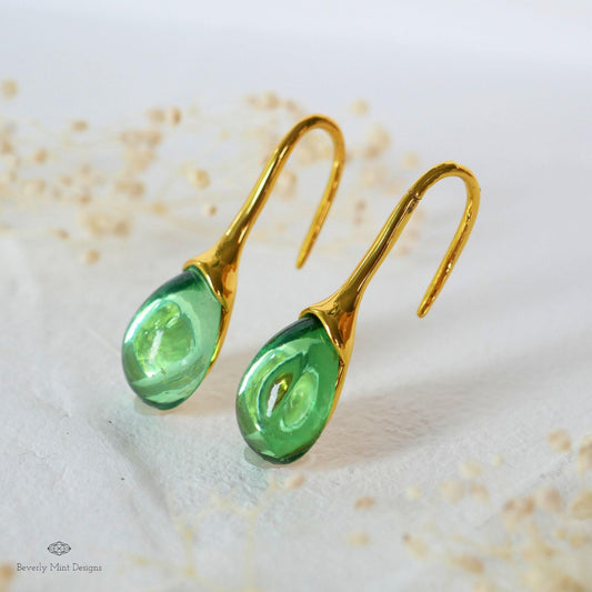 Green Earrings , Gold Dangle Earring with Emerald Green Gemstone Earrings, Gem Stone Jewelry Waterdrop Earrings, Gift For Her