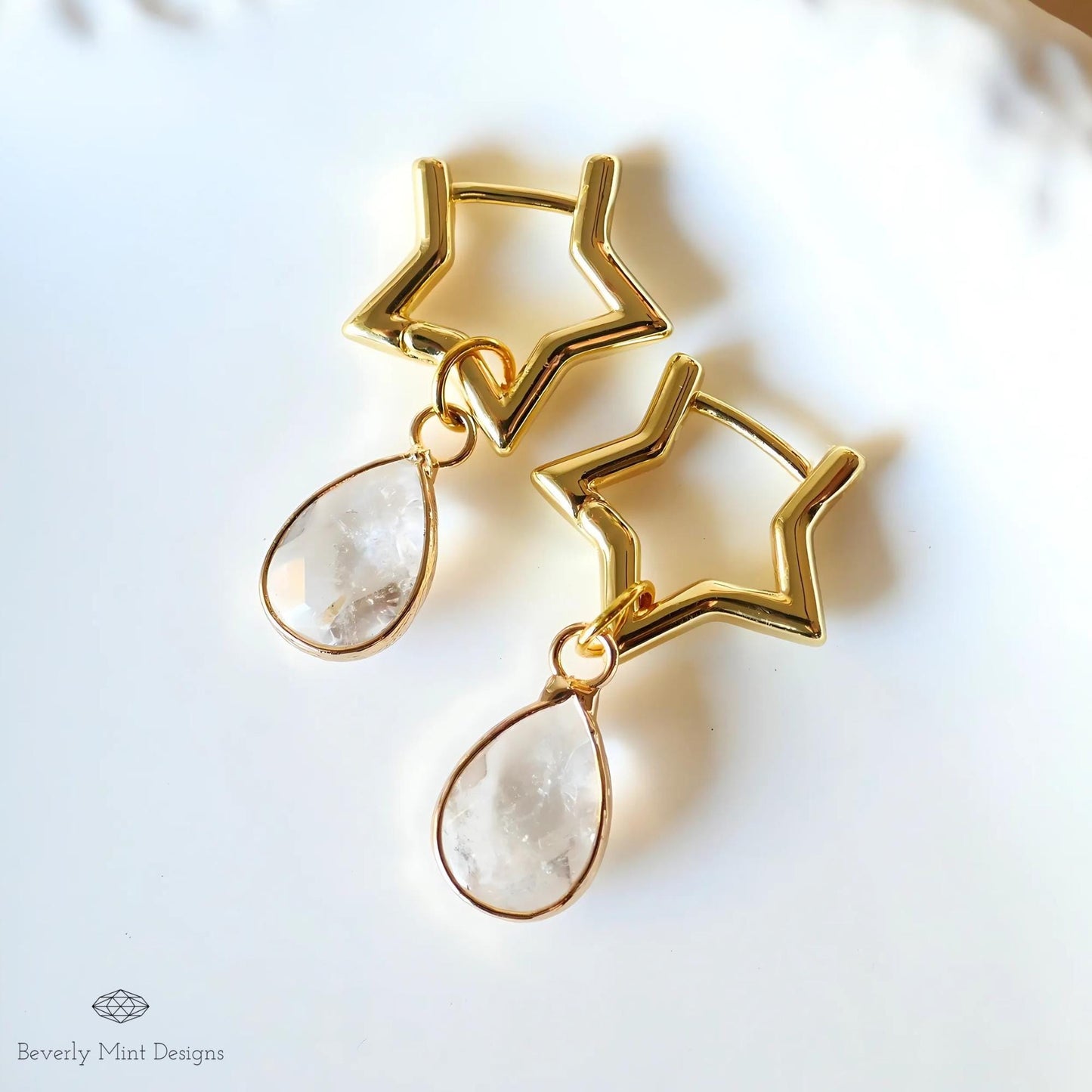 Gold Star Hoop Earrings with Clear Drop , Versatile Celestial Earrings, Boho Dangle Jewelry, Detachable Teardrop Gemstone, Gift for Her