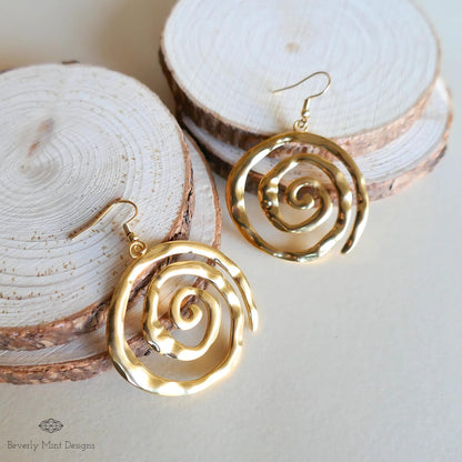 Gold Spiral Earrings, Handmade Hammered Statement Jewelry, Boho Chic Large Gold Earrings, Unique Swirl Drop Earrings, Artisan Earrings