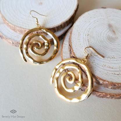 Gold Spiral Earrings, Handmade Hammered Statement Jewelry, Boho Chic Large Gold Earrings, Unique Swirl Drop Earrings, Artisan Earrings