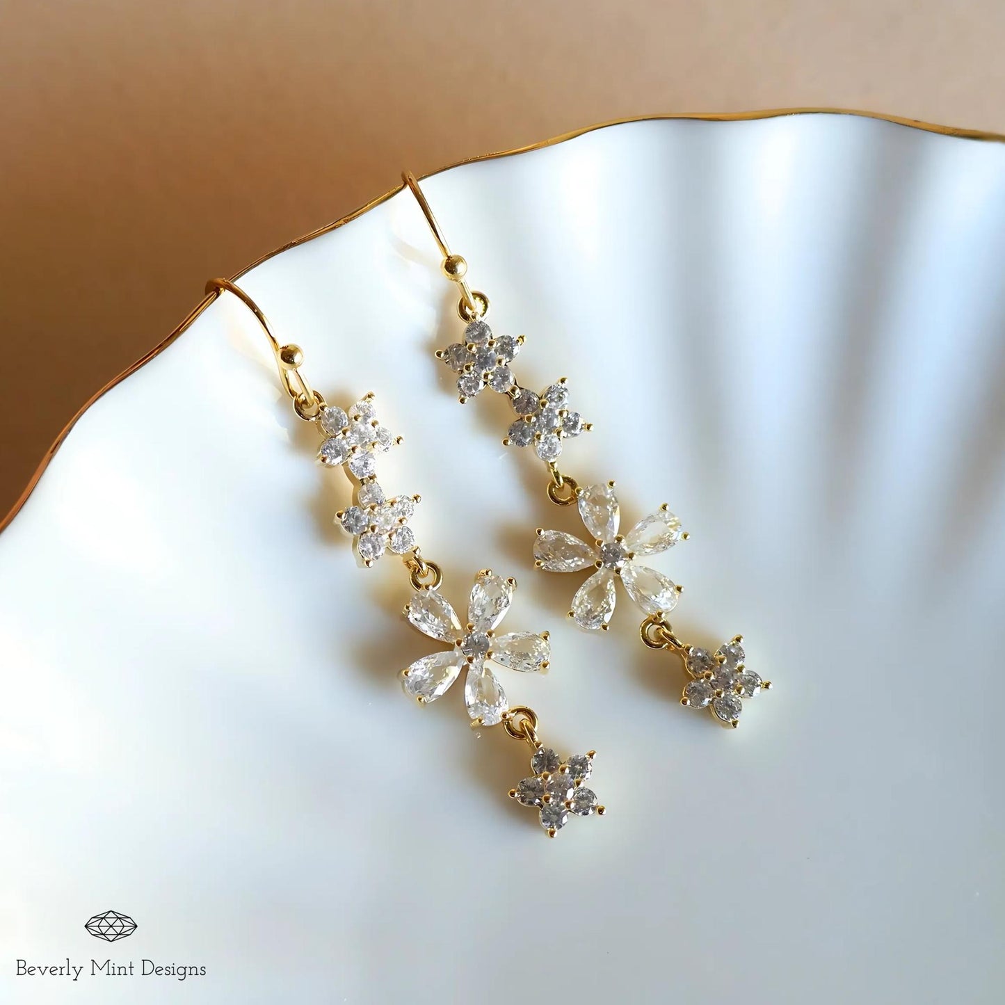 Crystal Flower Drop Earrings - Elegant Wedding Jewelry, Bridal Statement Earrings, Long Gold Dangle Earrings, Sparkling Floral Earrings