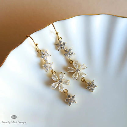 Crystal Flower Drop Earrings - Elegant Wedding Jewelry, Bridal Statement Earrings, Long Gold Dangle Earrings, Sparkling Floral Earrings