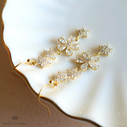 Crystal Flower Drop Earrings - Elegant Wedding Jewelry, Bridal Statement Earrings, Long Gold Dangle Earrings, Sparkling Floral Earrings