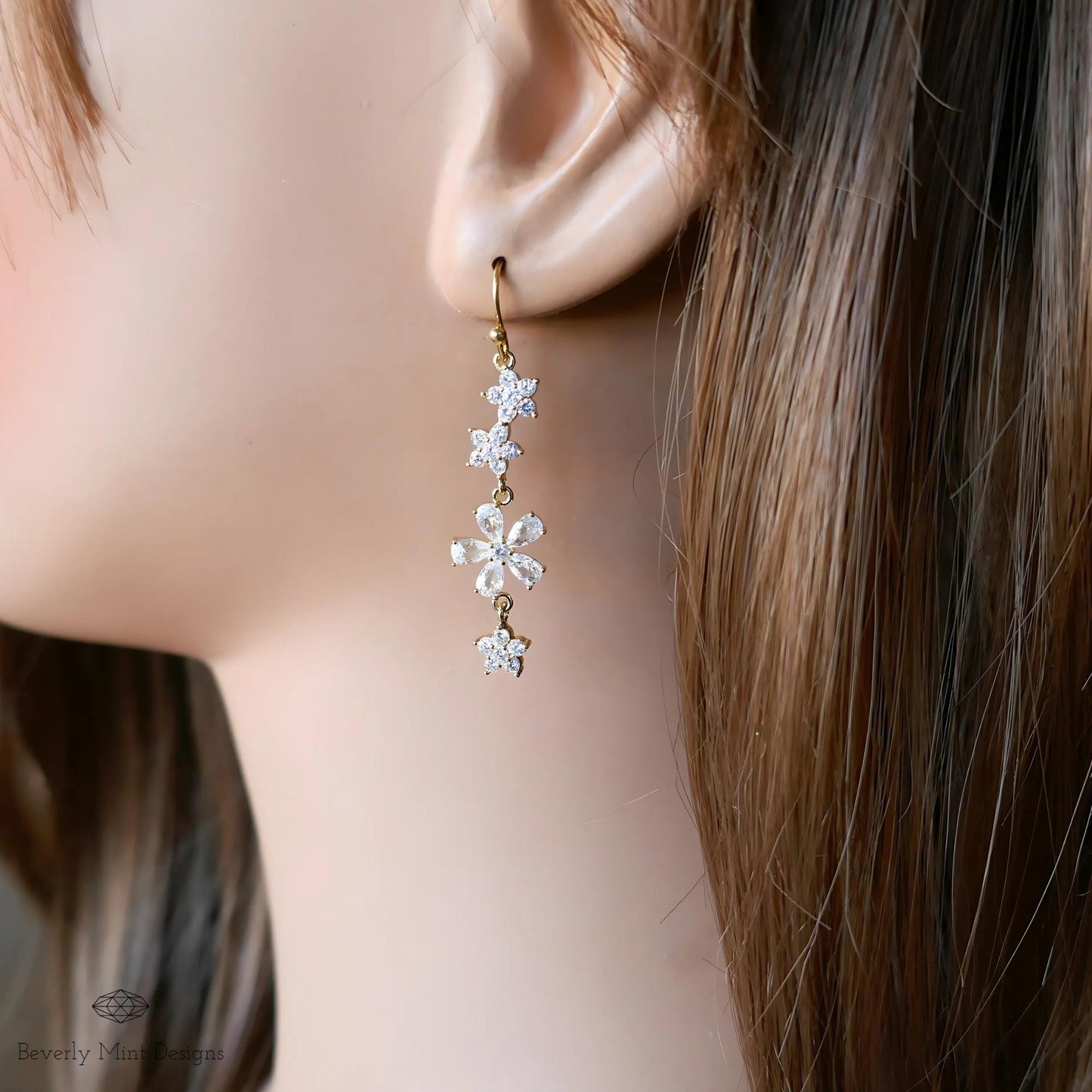 Crystal Flower Drop Earrings - Elegant Wedding Jewelry, Bridal Statement Earrings, Long Gold Dangle Earrings, Sparkling Floral Earrings
