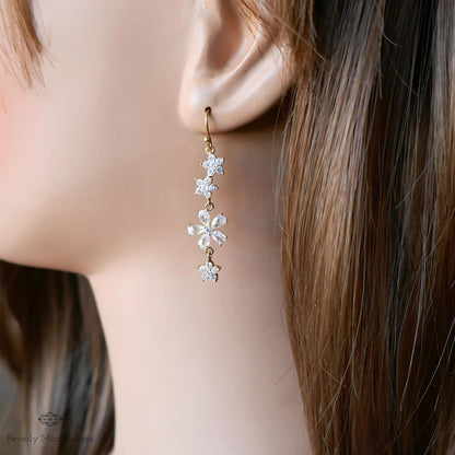 Crystal Flower Drop Earrings - Elegant Wedding Jewelry, Bridal Statement Earrings, Long Gold Dangle Earrings, Sparkling Floral Earrings