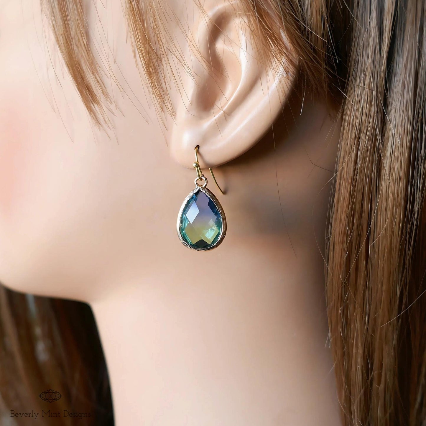 Blue and Green Teardrop Earrings, Blue Ombre Gemstone Drop Earrings, Elegant Teardrop Earrings, Handmade Gradient Crystal Drop Earrings