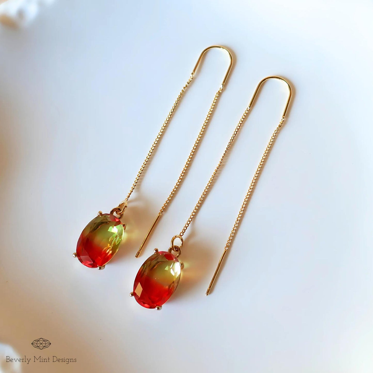 Gradient Red and Yellow Crystal Earrings, Orange Ombre Earrings , Handmade Elegant Threader Earrings, Long Gold Dangle Earrings for Women