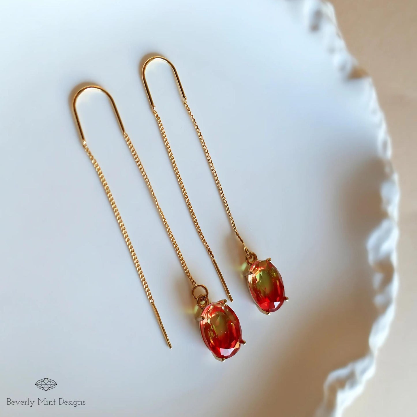 Gradient Red and Yellow Crystal Earrings, Orange Ombre Earrings , Handmade Elegant Threader Earrings, Long Gold Dangle Earrings for Women