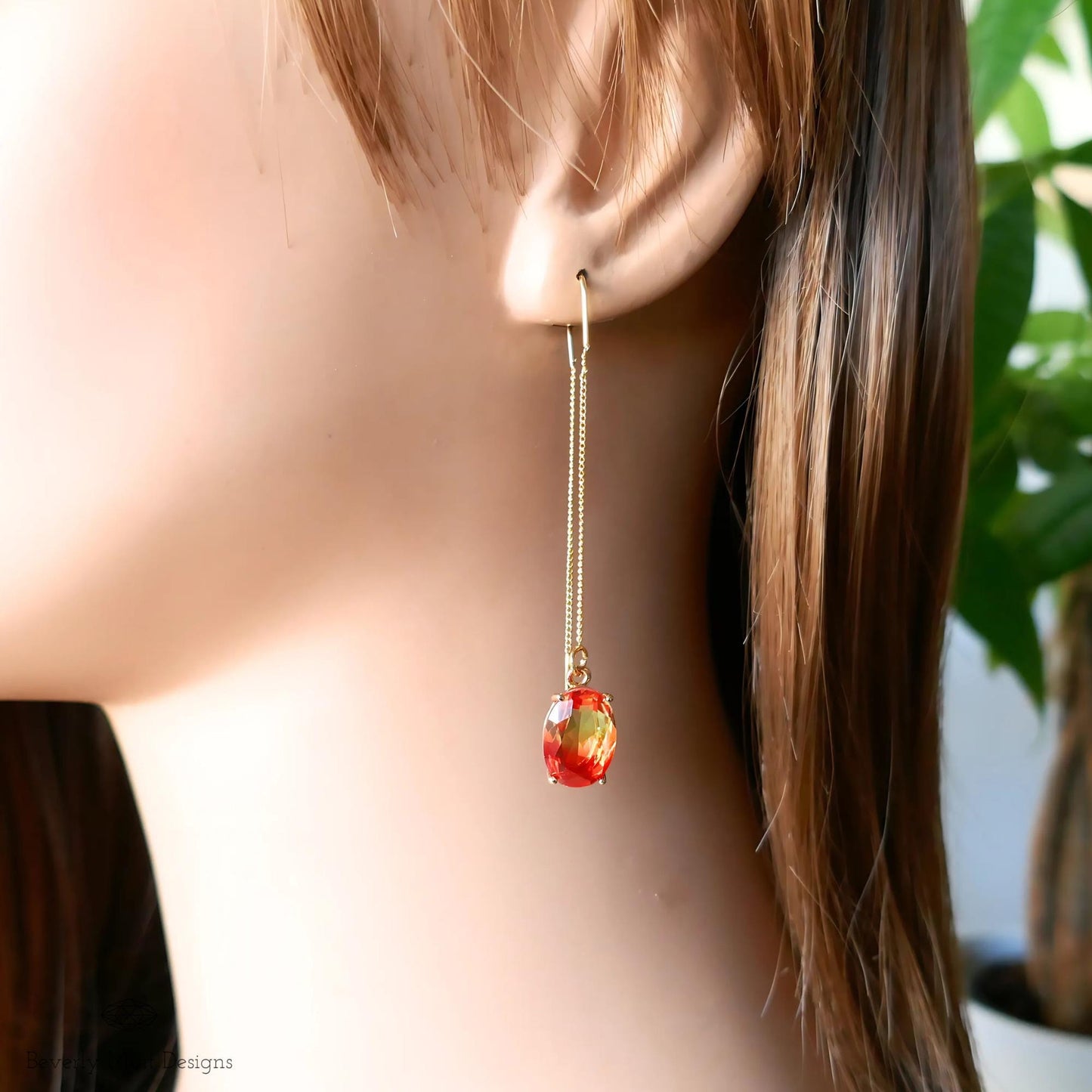 Gradient Red and Yellow Crystal Earrings, Orange Ombre Earrings , Handmade Elegant Threader Earrings, Long Gold Dangle Earrings for Women