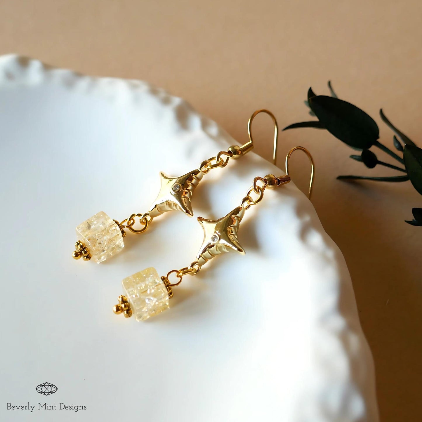 Gold Star Dangle Earrings with Gemstone Beads - Boho Chic Jewelry, Handmade Statement Earrings, Gift for Her, Gift For Her