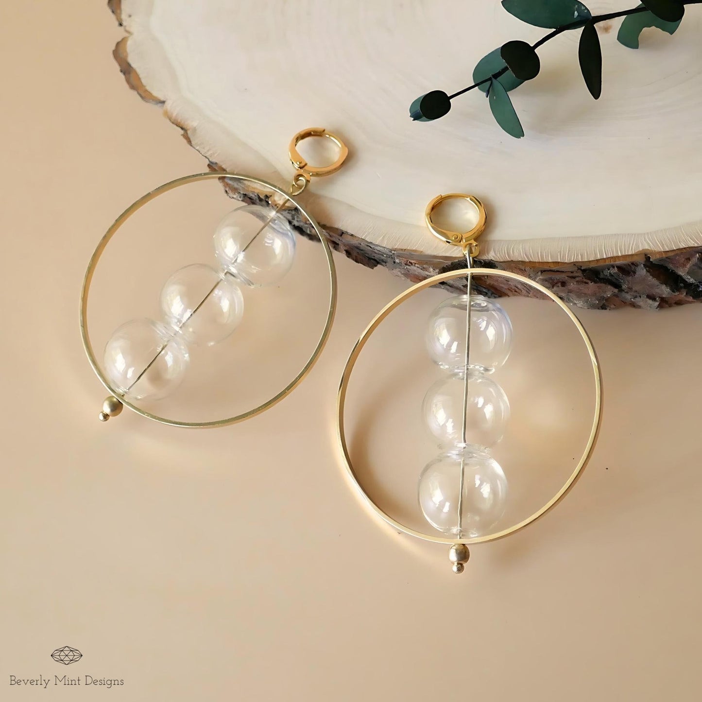 Clear Stacked Sphere Hoop Earring with 18K Gold , Unique Glass Bubble Ball Earrings, Modern Jewelry, Unique Dangle Earrings