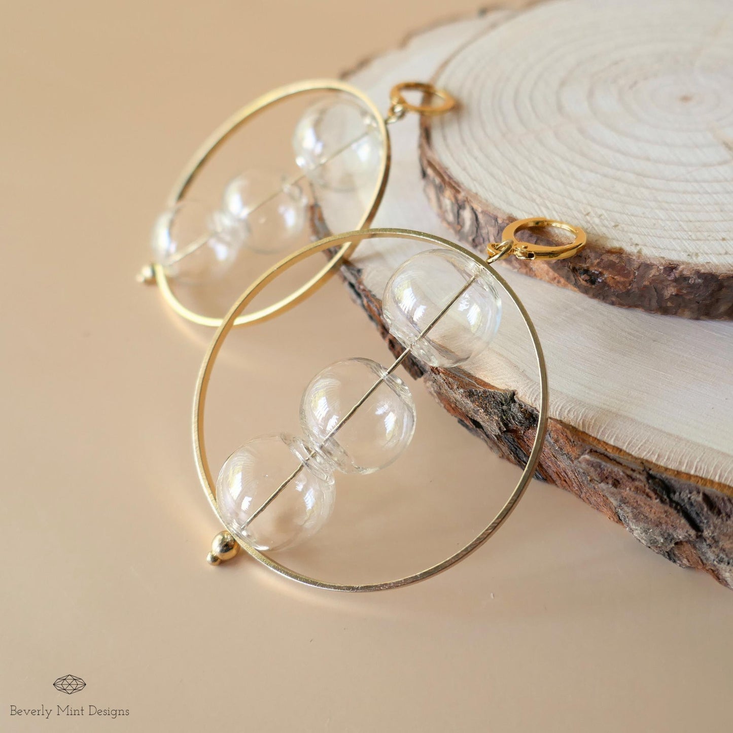 Clear Stacked Sphere Hoop Earring with 18K Gold , Unique Glass Bubble Ball Earrings, Modern Jewelry, Unique Dangle Earrings