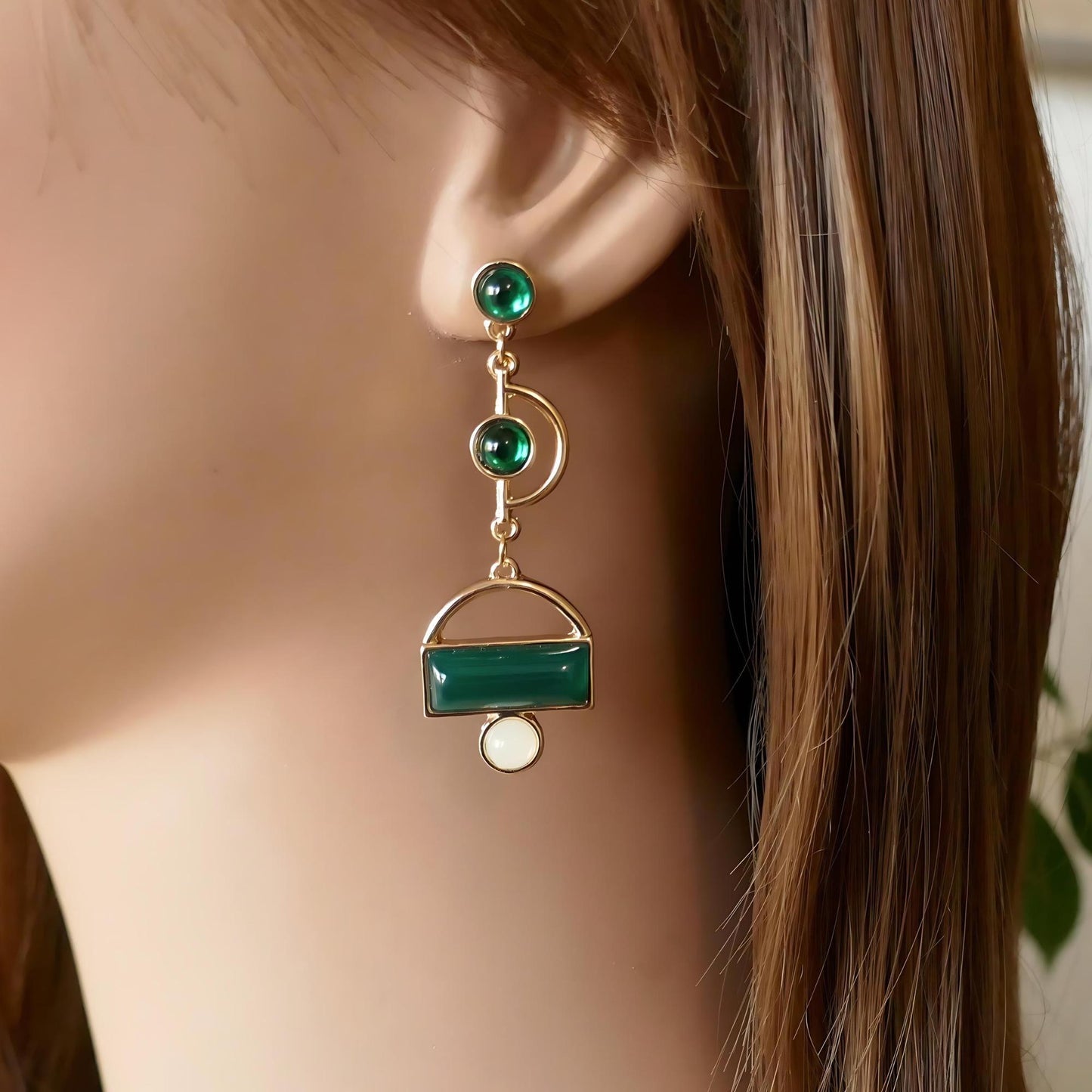 Vintage Style Earrings, Green Geometric Earrings, Dangle Earrings Green Drop Earrings, Unique Jewelry, Retro Earrings, Antique Jewelry