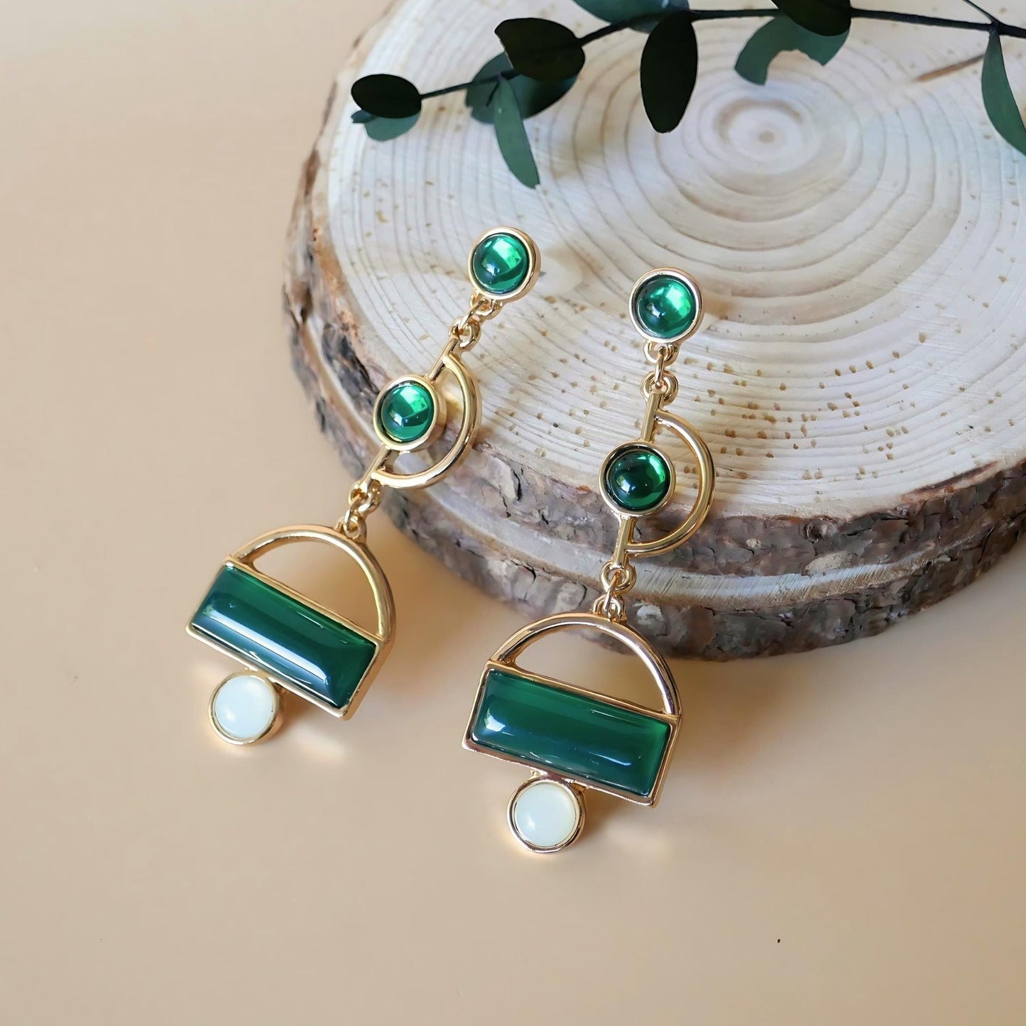 Vintage Style Earrings, Green Geometric Earrings, Dangle Earrings Green Drop Earrings, Unique Jewelry, Retro Earrings, Antique Jewelry