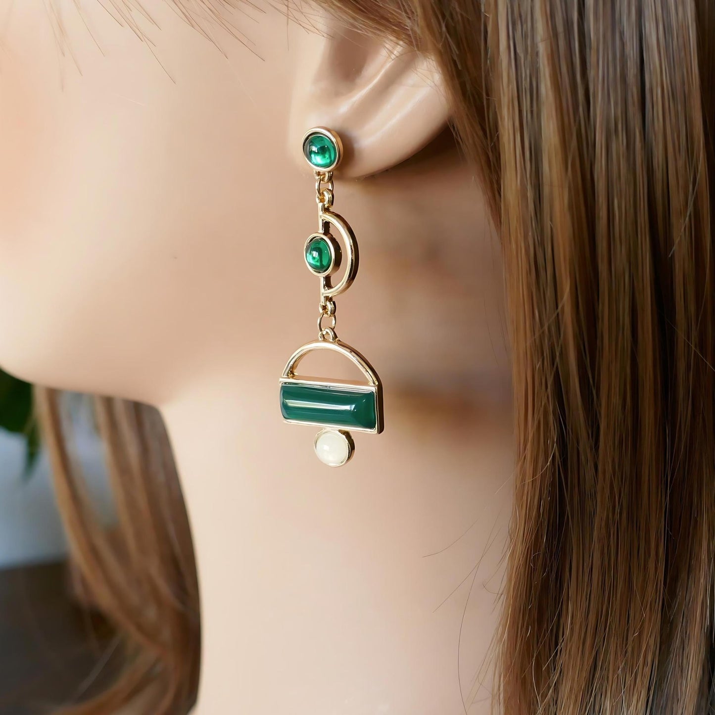 Vintage Style Earrings, Green Geometric Earrings, Dangle Earrings Green Drop Earrings, Unique Jewelry, Retro Earrings, Antique Jewelry
