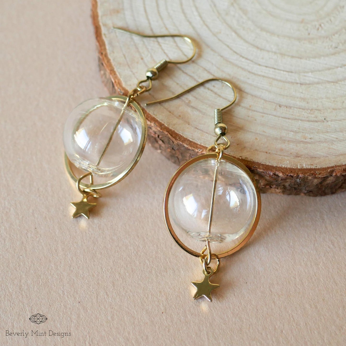 Unique Earrings, Bubble Dangle Earrings, Glass Ball Star Charm Earrings, Star Earrings, Dangle and Drop earrings, Long Earrings Gold, Gift
