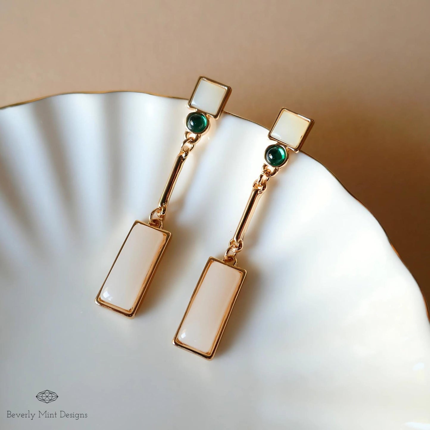 Minimalist Geometric Drop Earrings ,Gold and Green Dangle Earrings,Modern Rectangular Statement Jewelry for Women, Gift For Her
