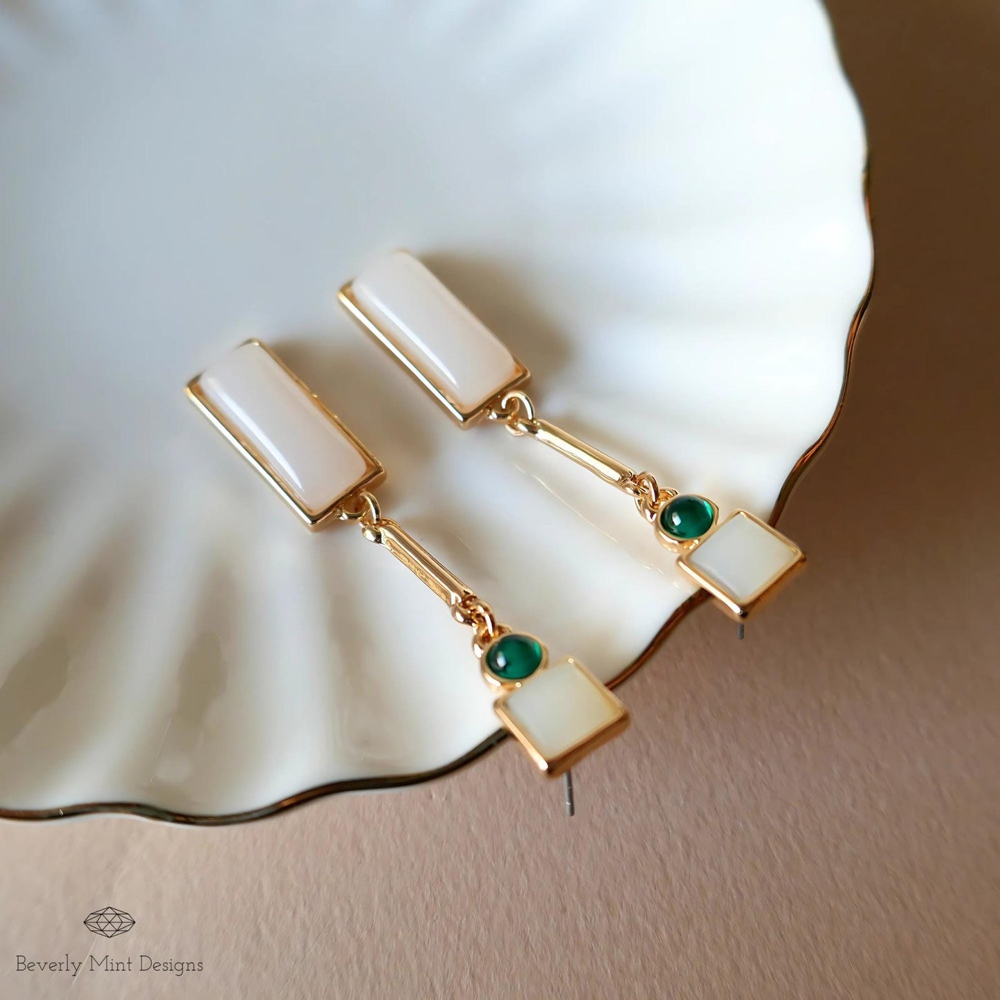 Minimalist Geometric Drop Earrings ,Gold and Green Dangle Earrings,Modern Rectangular Statement Jewelry for Women, Gift For Her