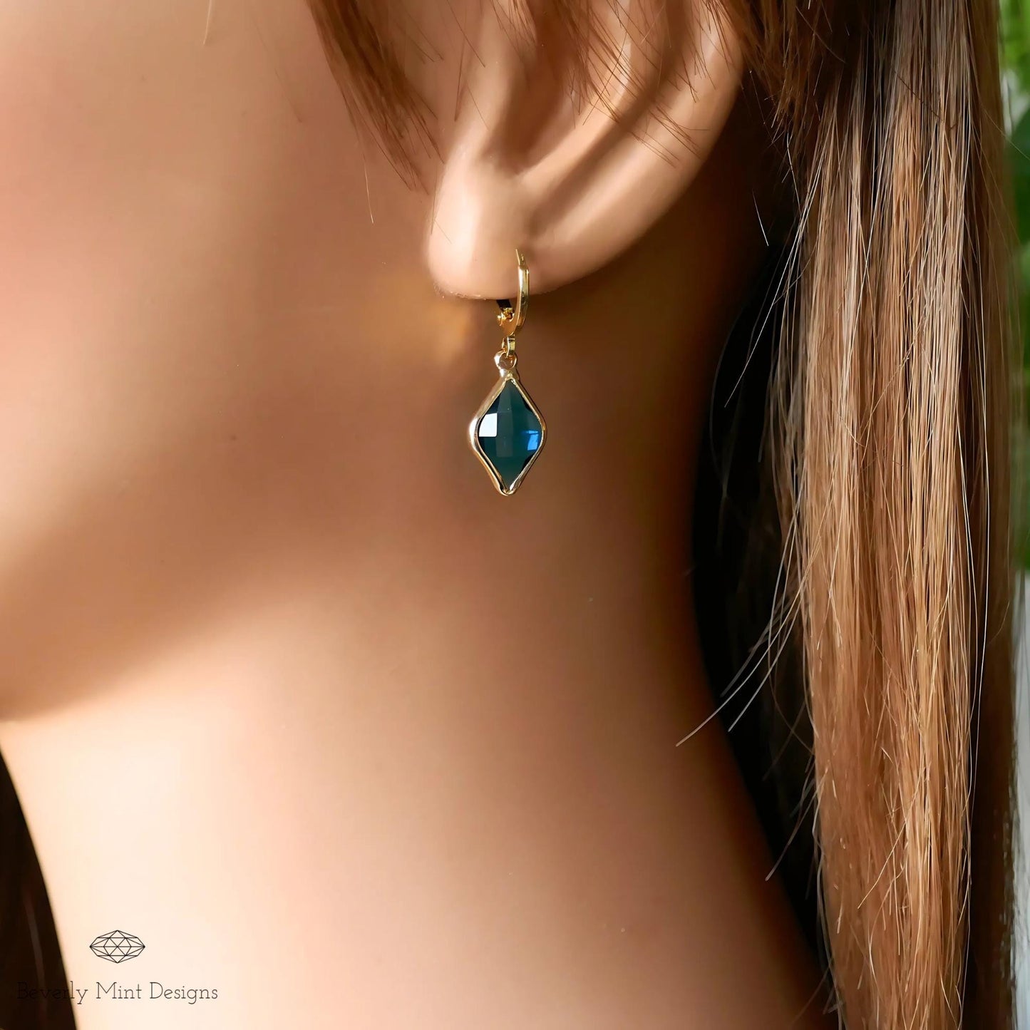 Gold Hoop Earrings with Blue Gemstone, Elegant Dangle Earrings, Minimalist Jewelry for Women, Gift For Her