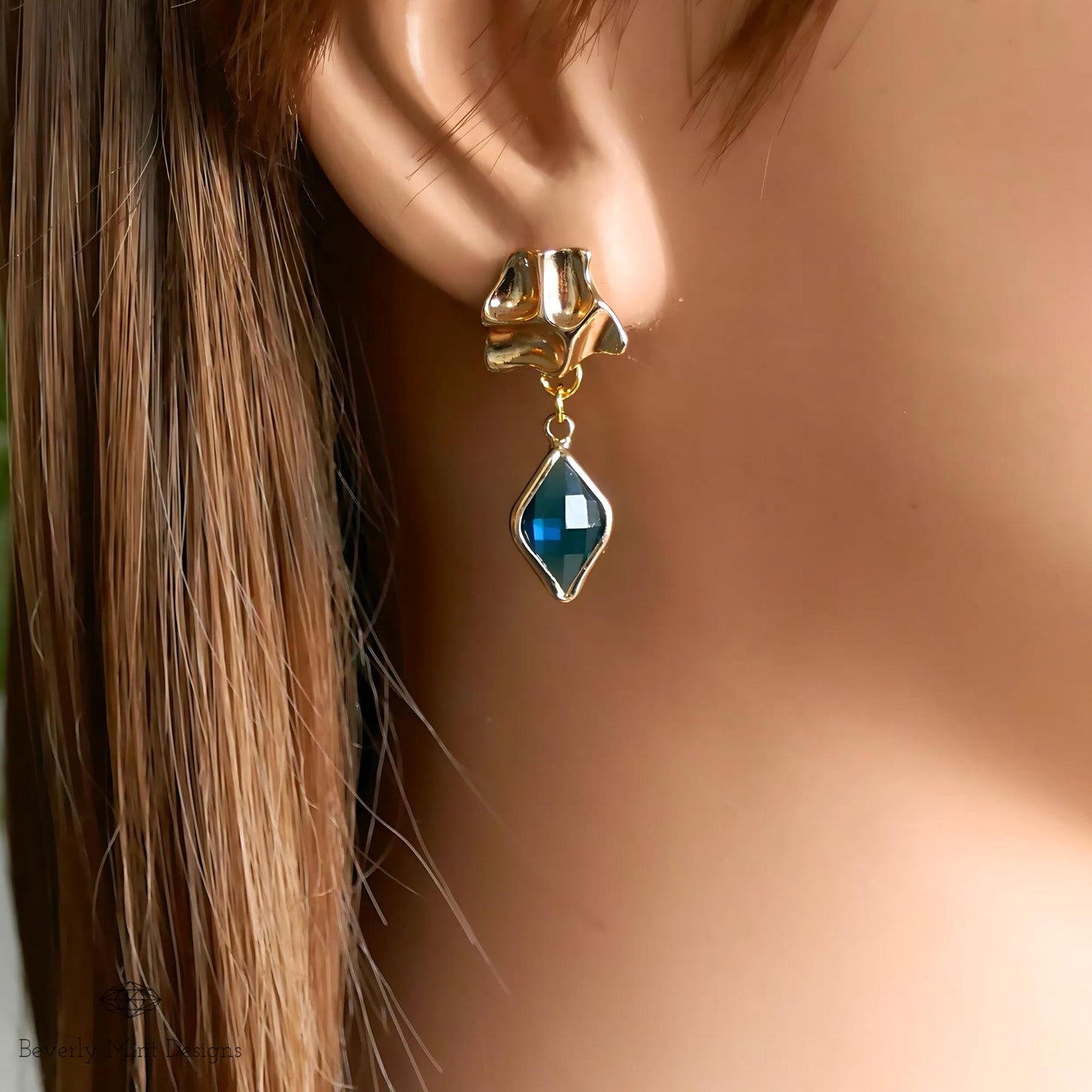 Gold Sculptural Earrings, Blue Gemstone Dangle Earrings, Modern Statement Jewelry for Women
