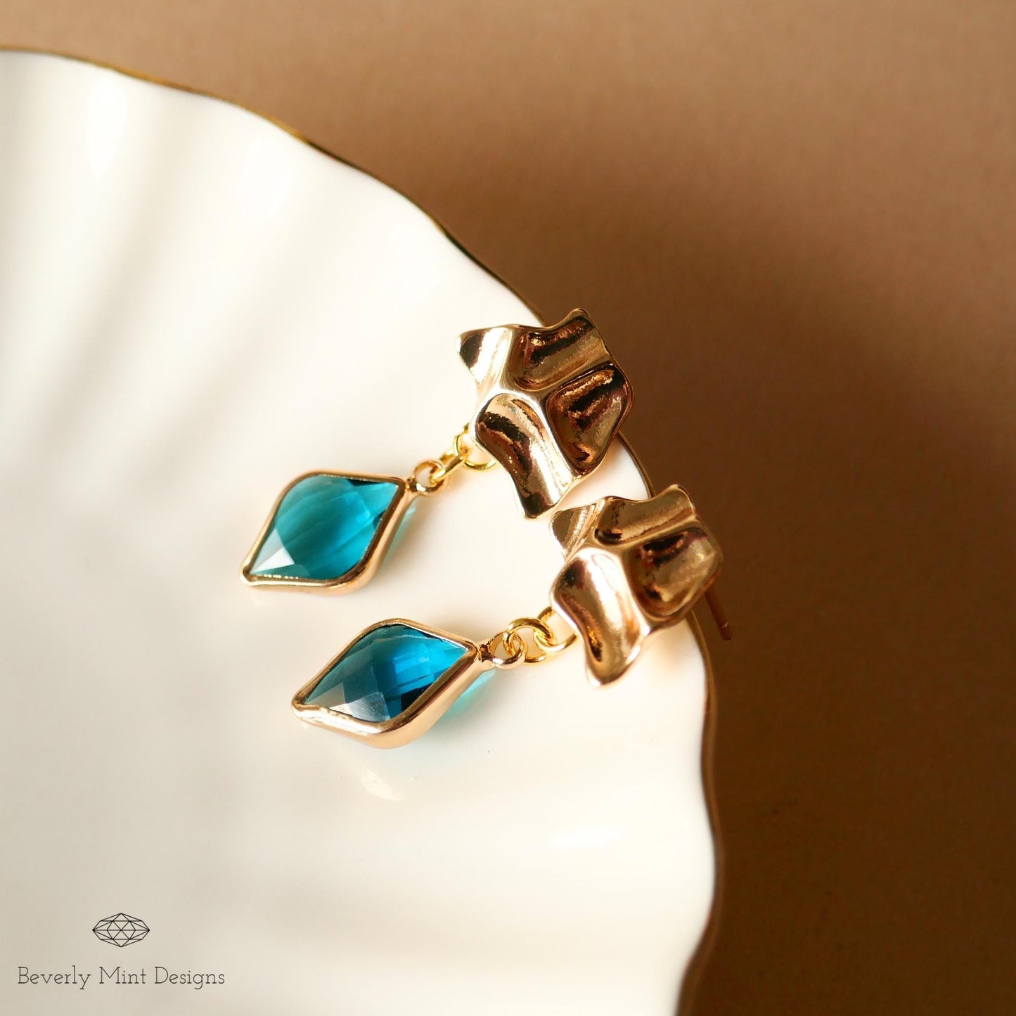 Gold Sculptural Earrings, Blue Gemstone Dangle Earrings, Modern Statement Jewelry for Women