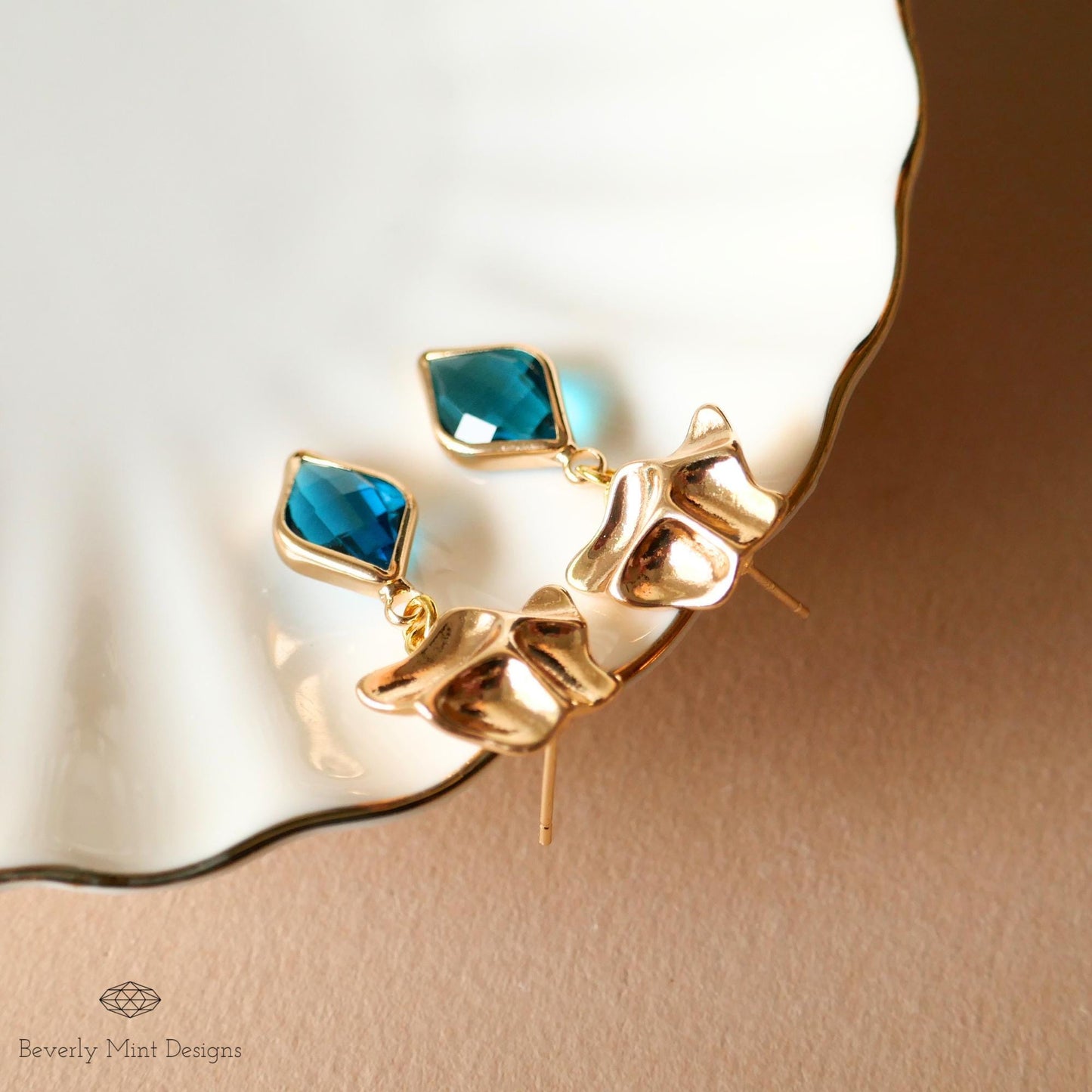 Gold Sculptural Earrings, Blue Gemstone Dangle Earrings, Modern Statement Jewelry for Women