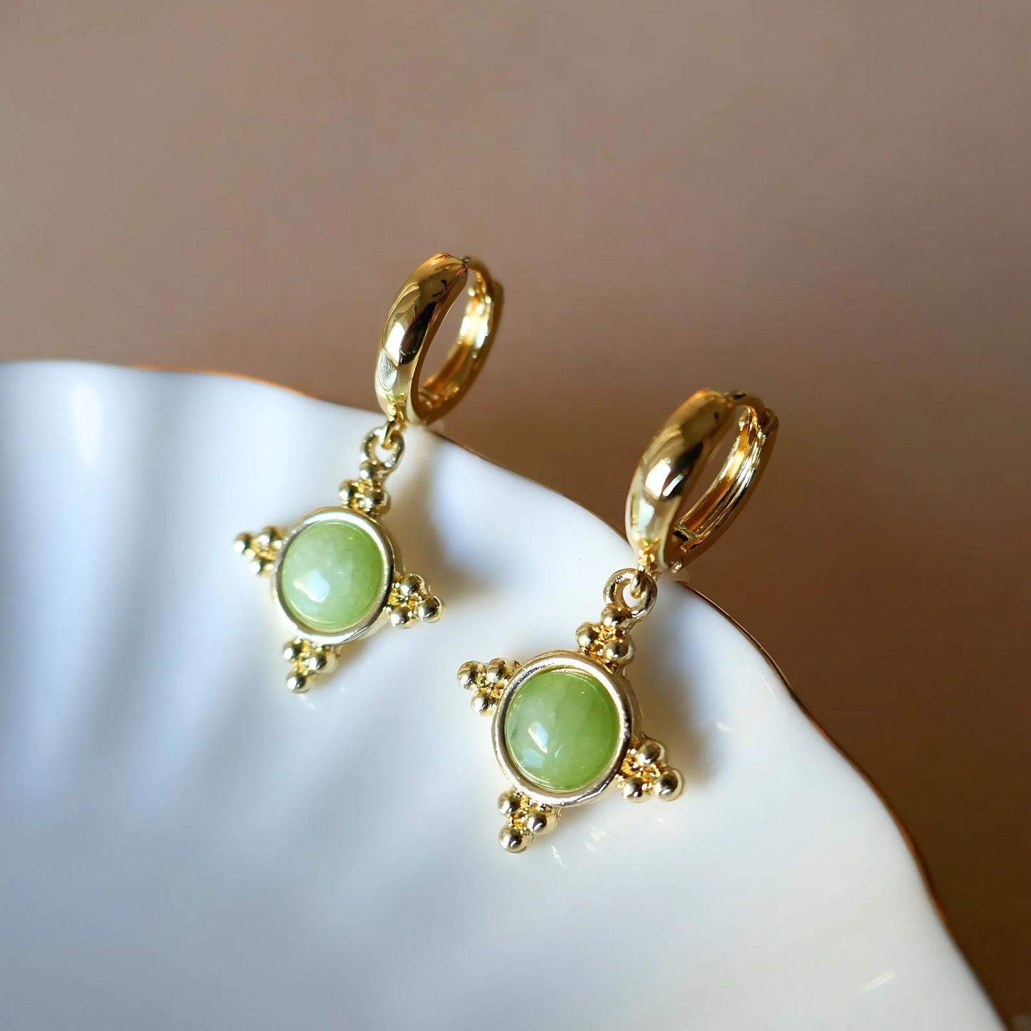 Gold and Green Dangle Earrings with Beaded Accents Boho Chic Handmade Jewelry for Women, Bohemian earrings, Jade Color , Unique jewelry