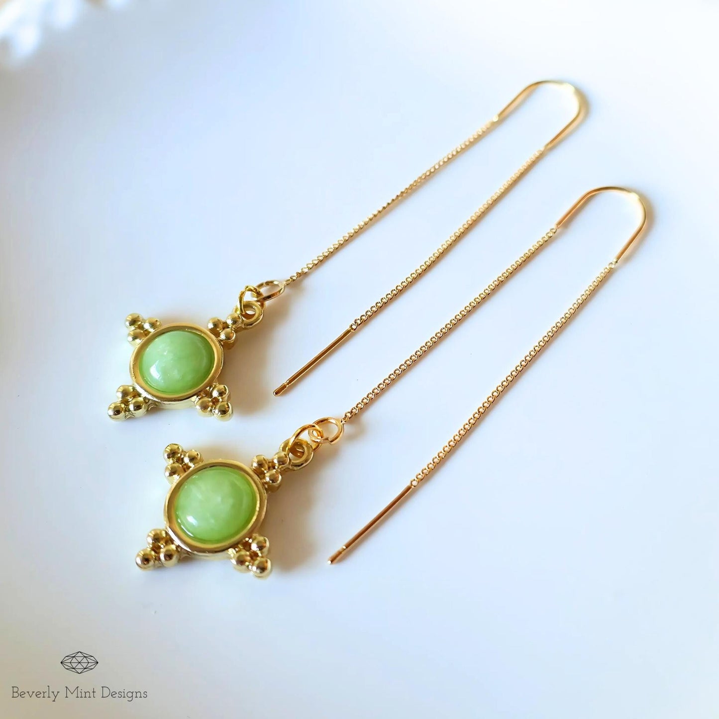 Gold and Green Dangle Earrings with Beaded Accents Boho Chic Handmade Jewelry for Women, Bohemian  threader earrings, Jade Color