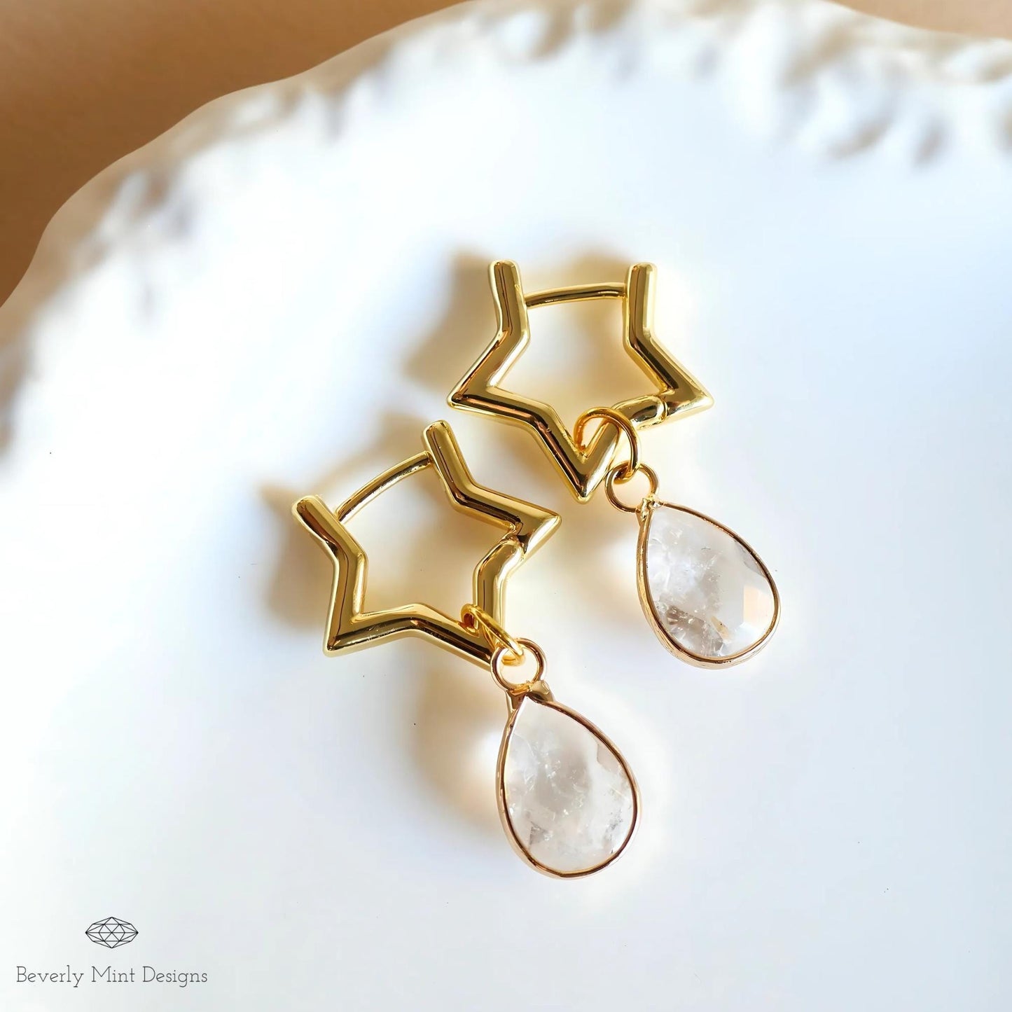 Gold Star Hoop Earrings with Clear Drop , Versatile Celestial Earrings, Boho Dangle Jewelry, Detachable Teardrop Gemstone, Gift for Her
