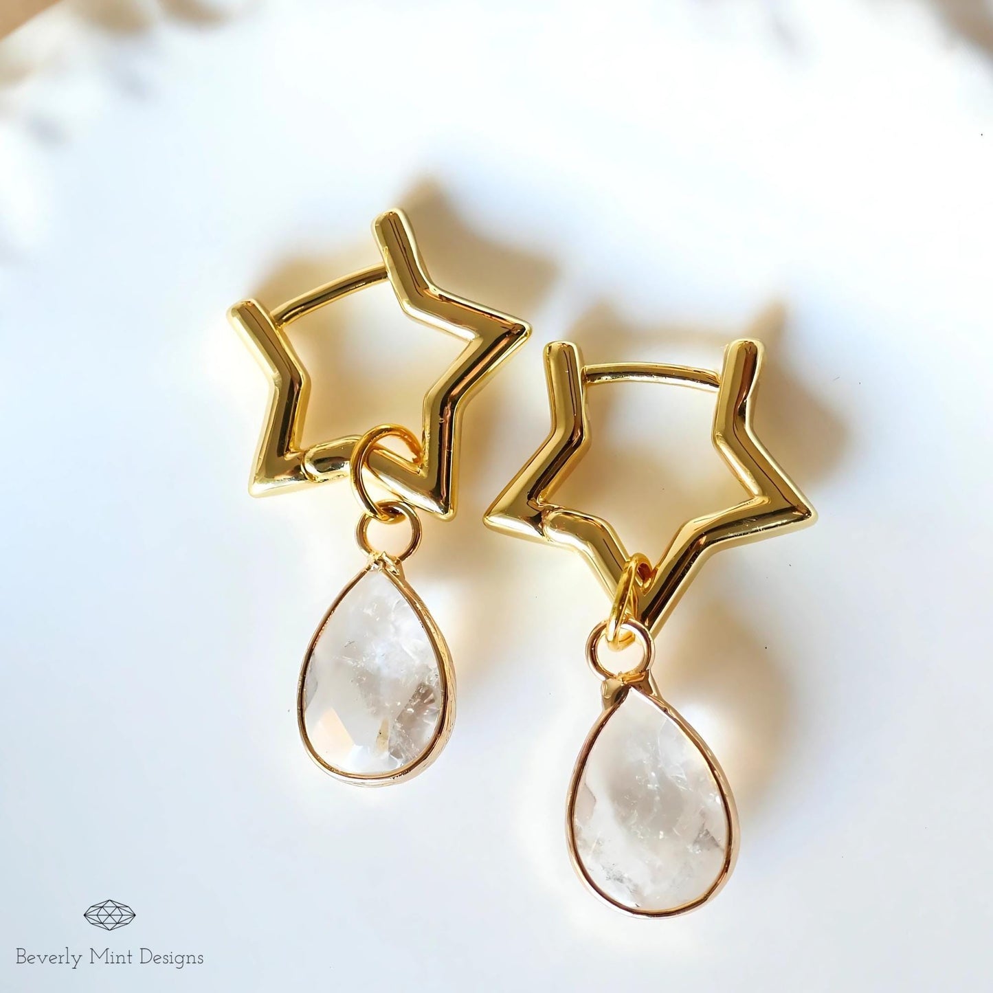 Gold Star Hoop Earrings with Clear Drop , Versatile Celestial Earrings, Boho Dangle Jewelry, Detachable Teardrop Gemstone, Gift for Her
