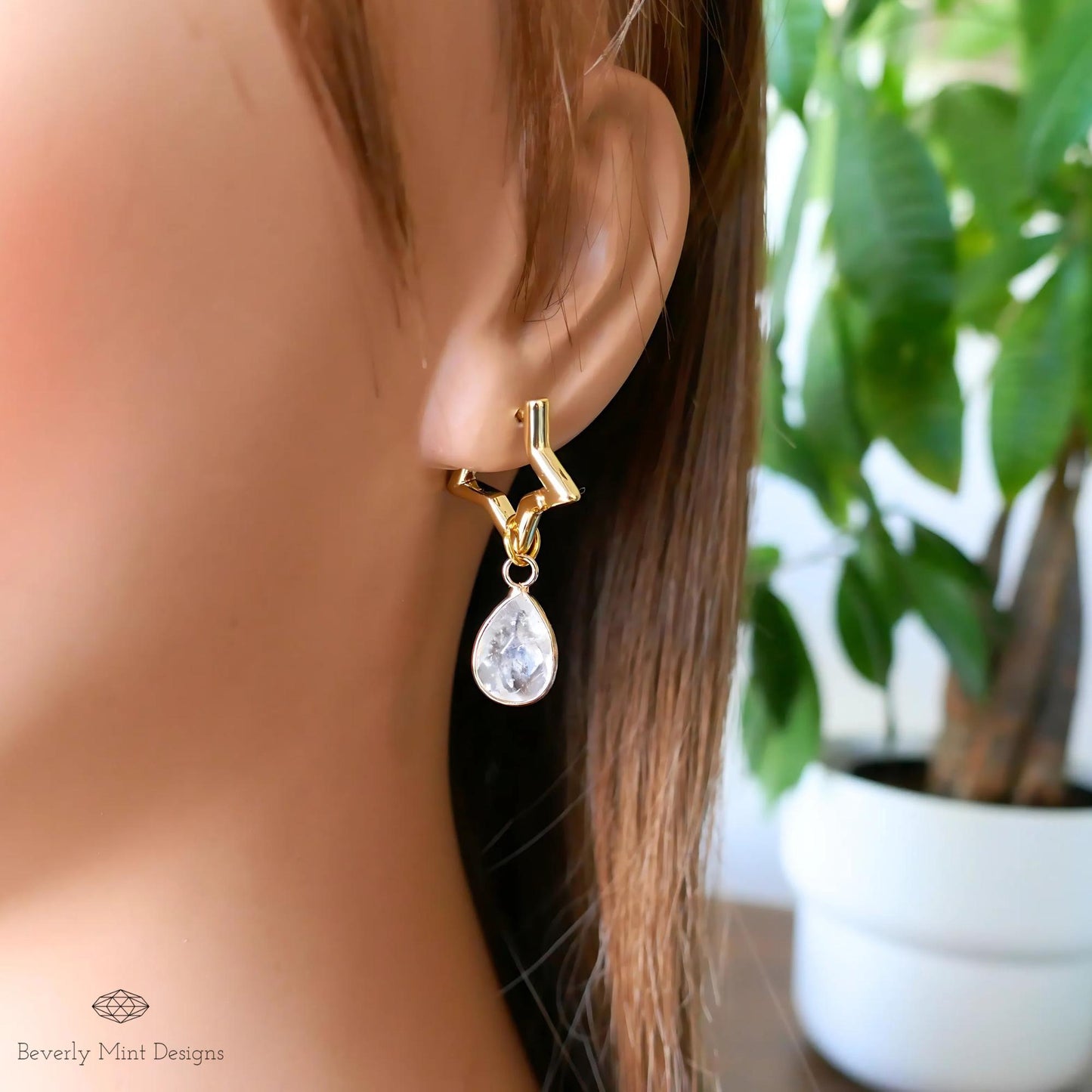 Gold Star Hoop Earrings with Clear Drop , Versatile Celestial Earrings, Boho Dangle Jewelry, Detachable Teardrop Gemstone, Gift for Her