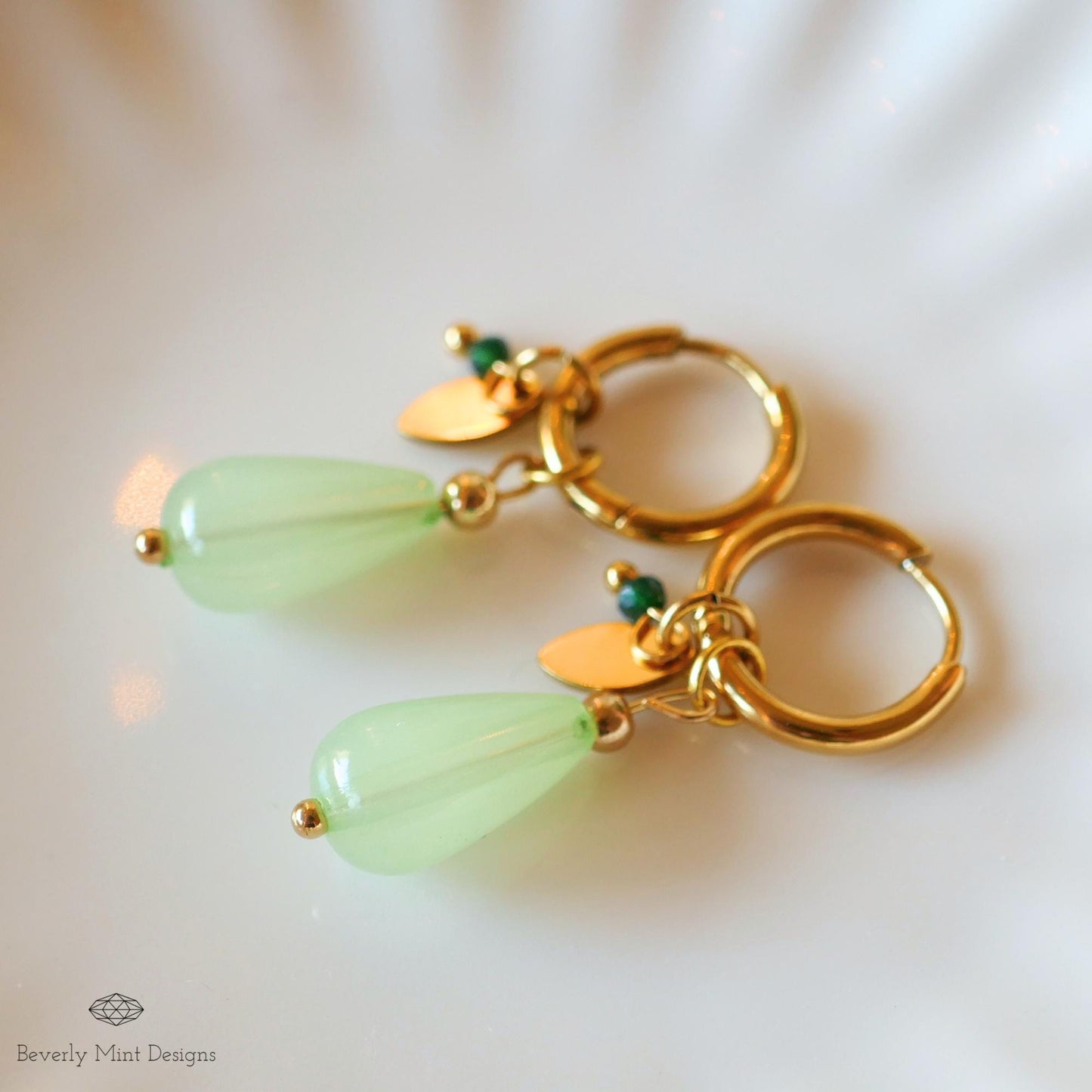 Gold Hoop Earrings with Jade Color Charm, Green Teardrop Earrings, 18K Gold and Green Drop Earrings, Mint Green Earrings, Gift For Her