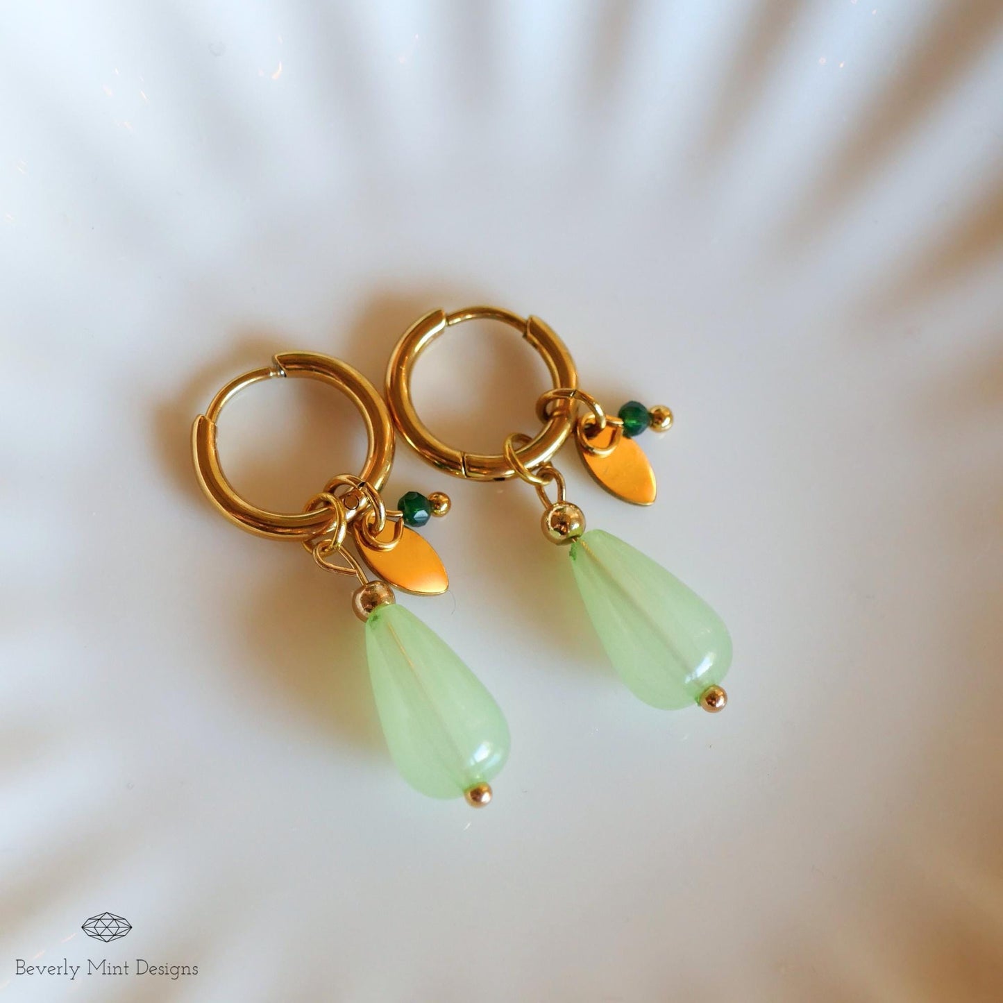 Gold Hoop Earrings with Jade Color Charm, Green Teardrop Earrings, 18K Gold and Green Drop Earrings, Mint Green Earrings, Gift For Her