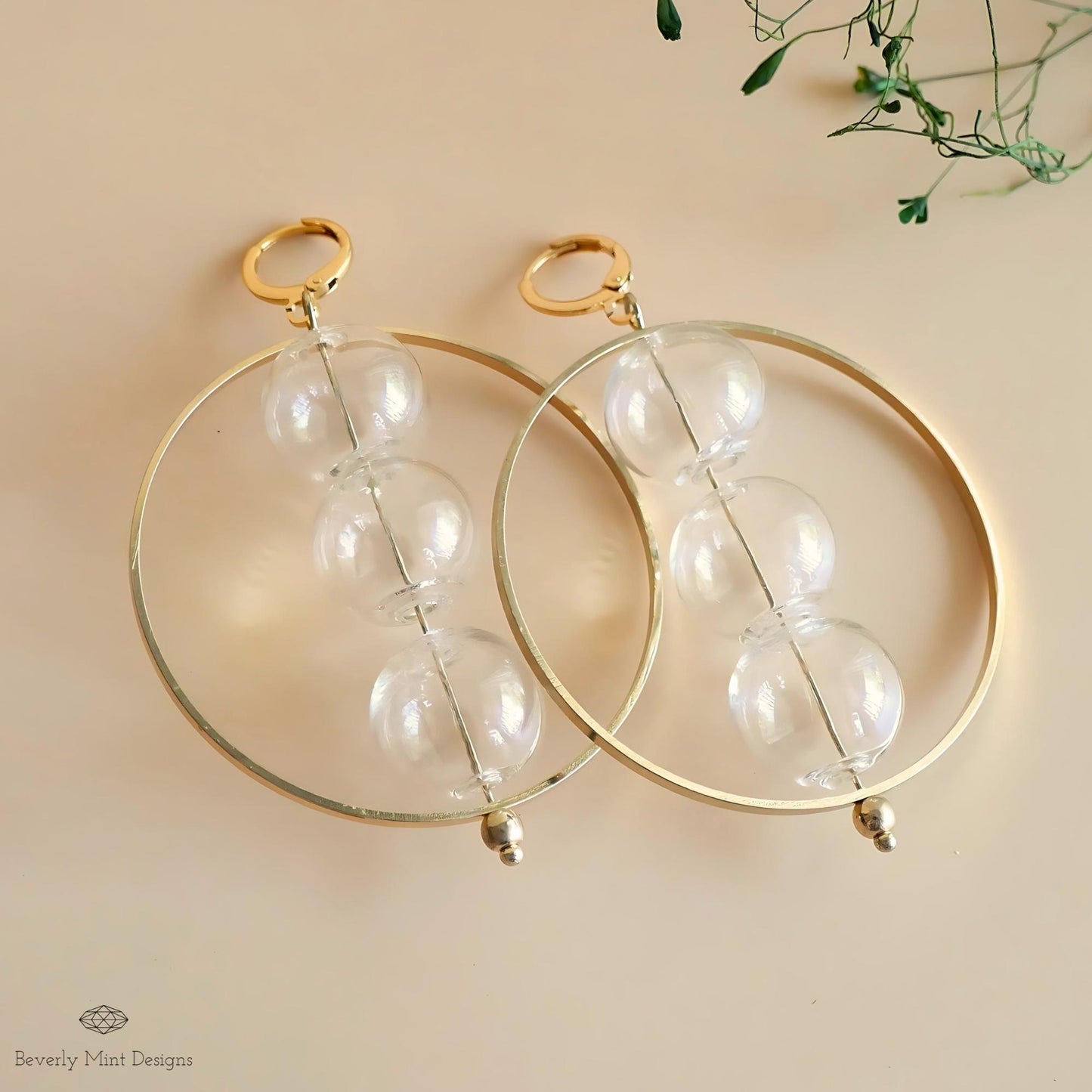 Clear Stacked Sphere Hoop Earrings with 18K Gold Hoop, Unique Glass Bubble Ball Earrings, Modern Jewelry, Unique Dangle Earrings
