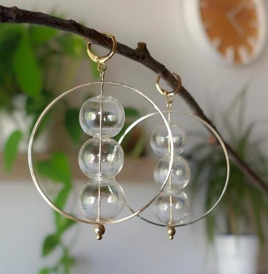 Clear Stacked Sphere Hoop Earrings with 18K Gold Hoop, Unique Glass Bubble Ball Earrings, Modern Jewelry, Unique Dangle Earrings